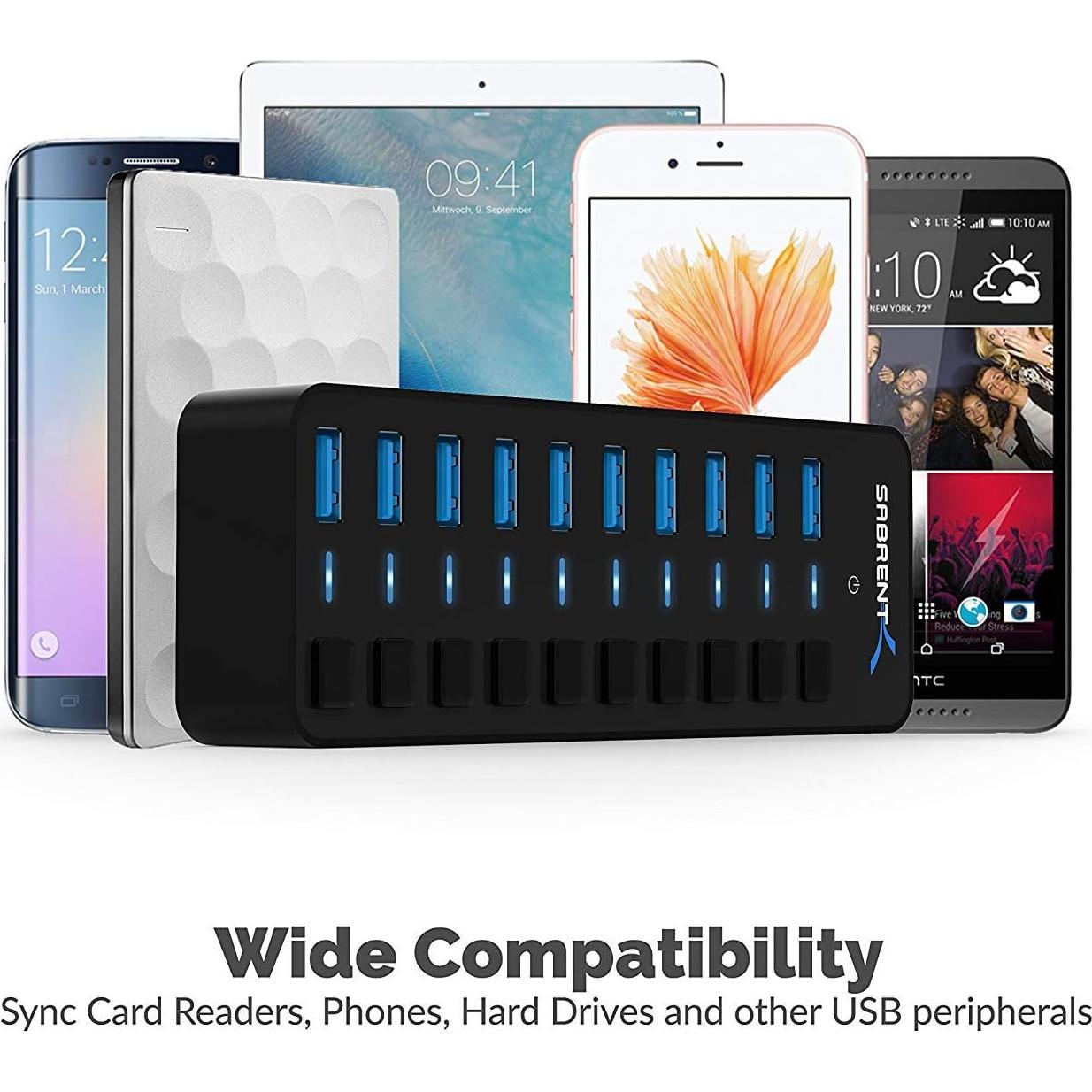 Hub USB 3.0 Sabrent 10 Puertos 60W con Interruptores LED