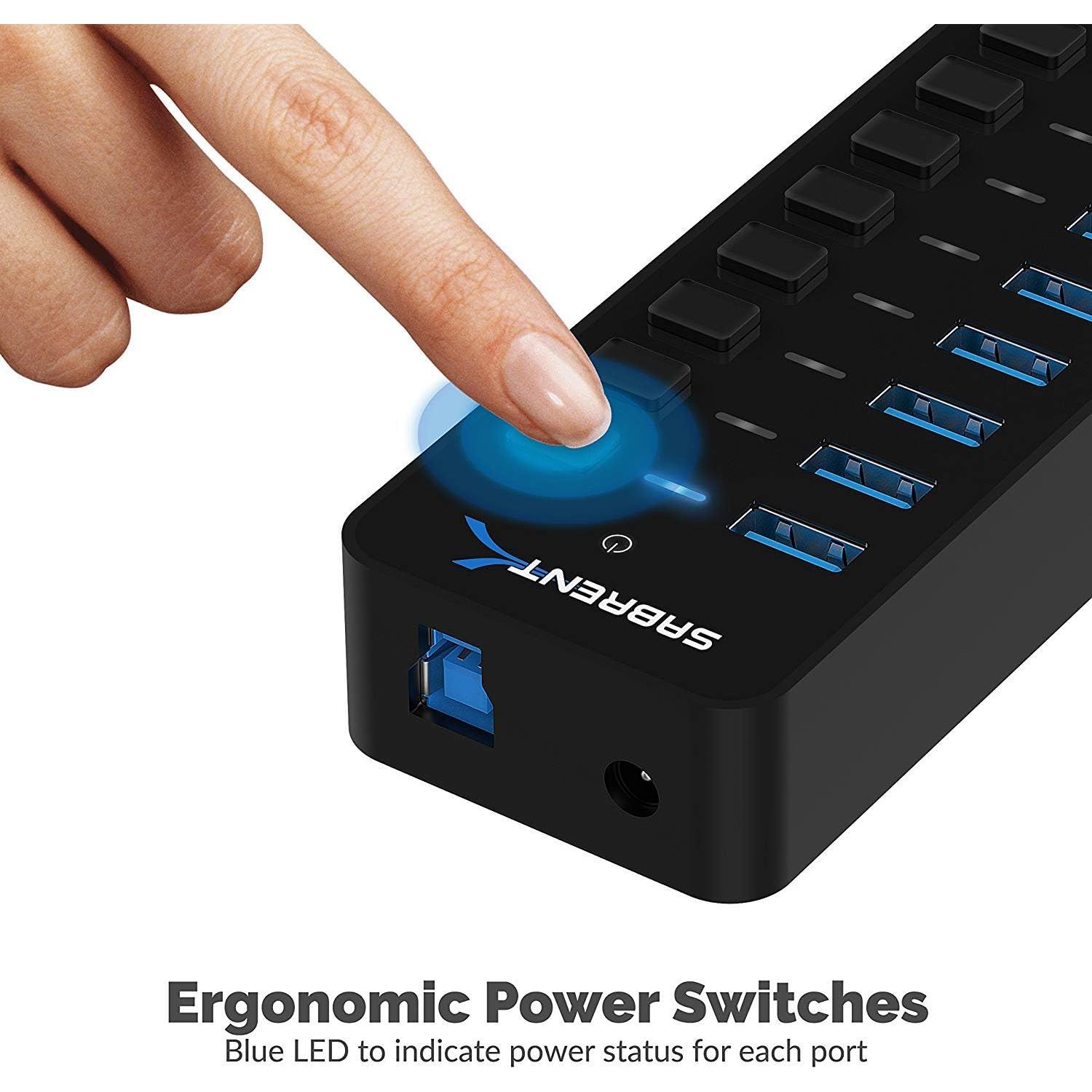 Hub USB 3.0 Sabrent 10 Puertos 60W con Interruptores LED