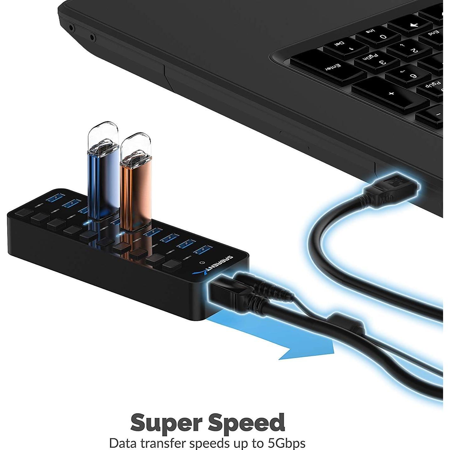 Hub USB 3.0 Sabrent 10 Puertos 60W con Interruptores LED