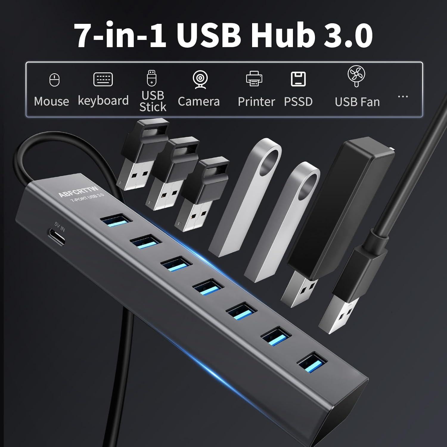 Concentrador USB 3.0 ABFCRTTW 7 Puertos Aluminio 1.2m