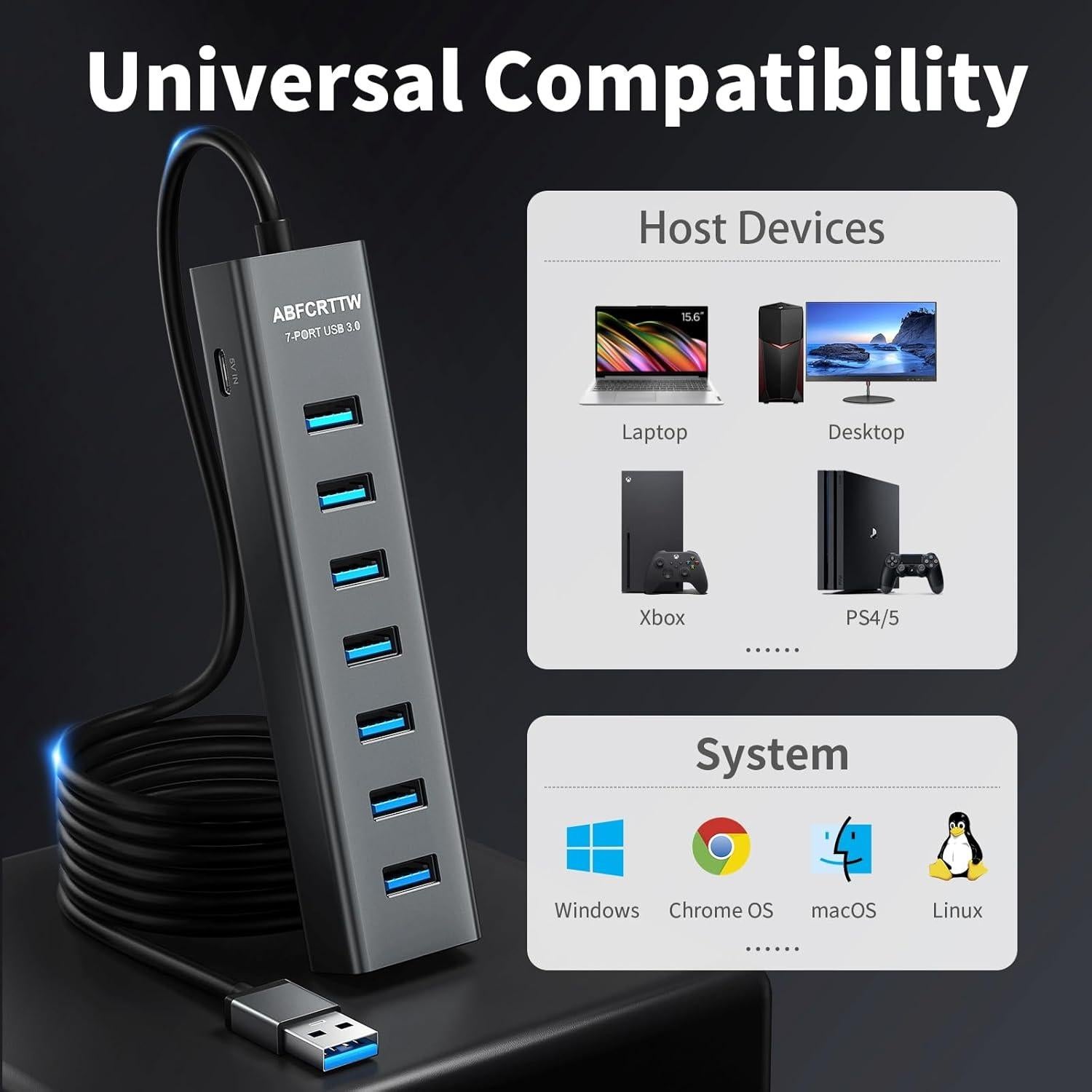 Concentrador USB 3.0 ABFCRTTW 7 Puertos Aluminio 1.2m