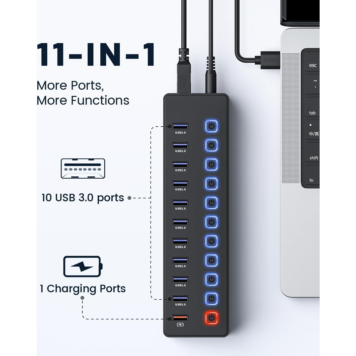 Hub USB 3.0 Alimentado Wulofe 11 Puertos con Carga Inteligente