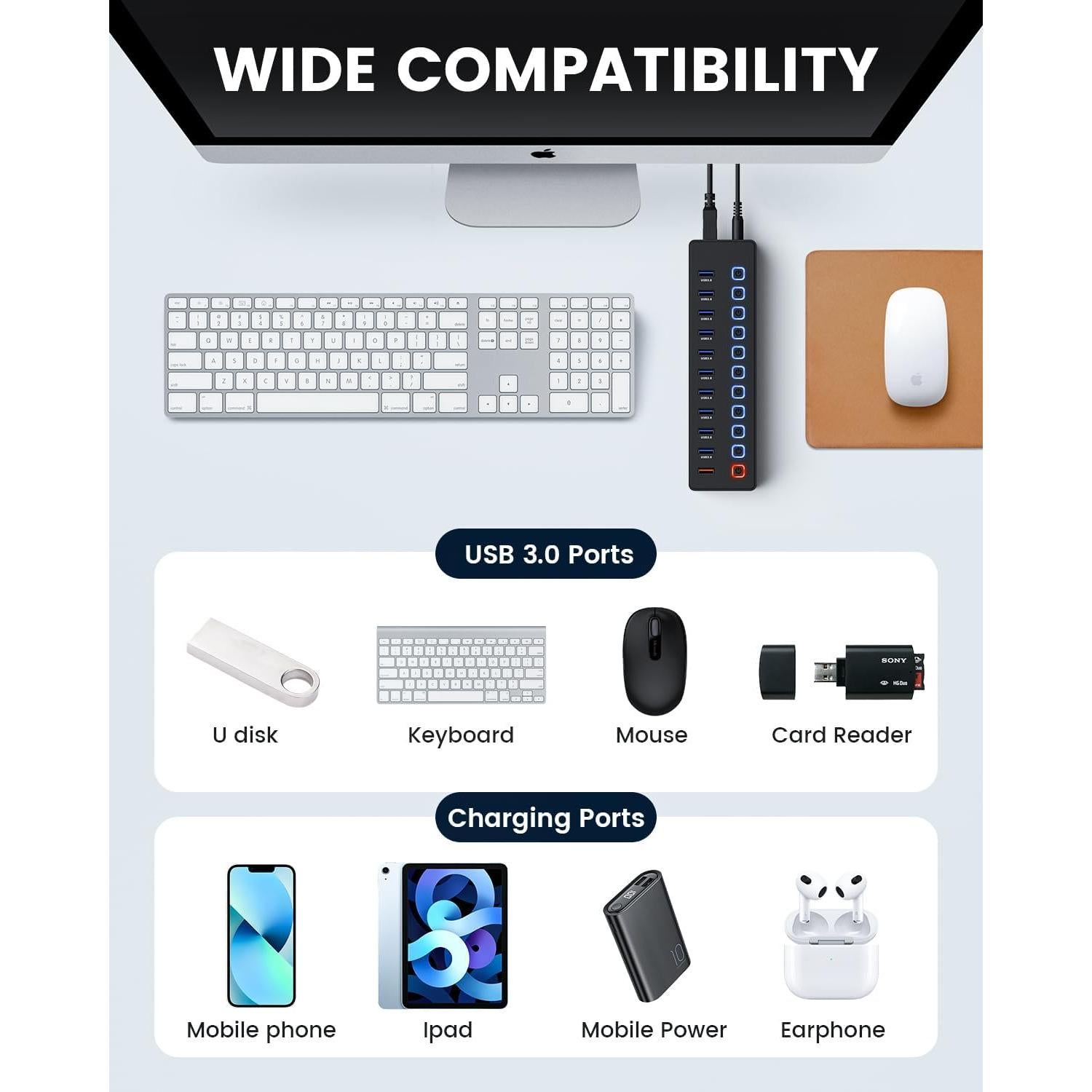 Hub USB 3.0 Alimentado Wulofe 11 Puertos con Carga Inteligente