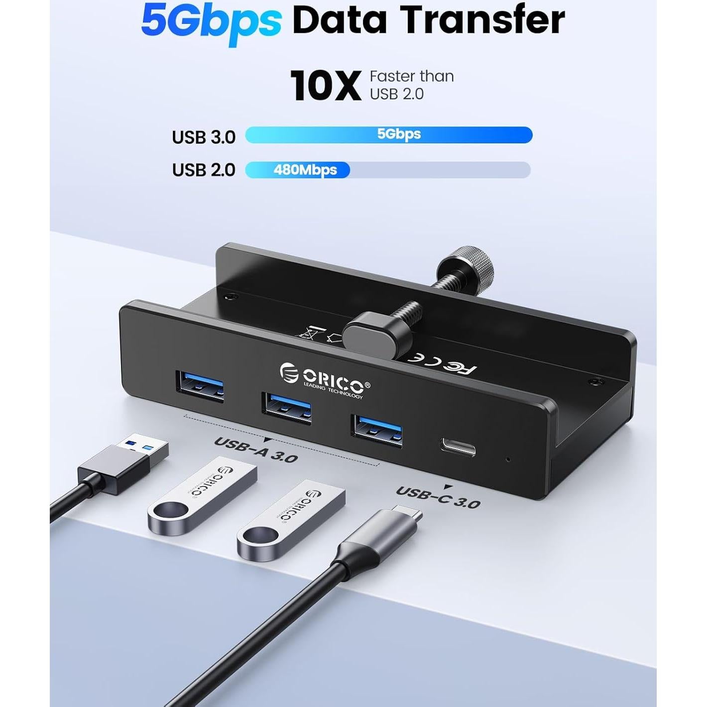 Hub USB 3.0 ORICO con Abrazadera y Puerto USB-C 4 Puertos
