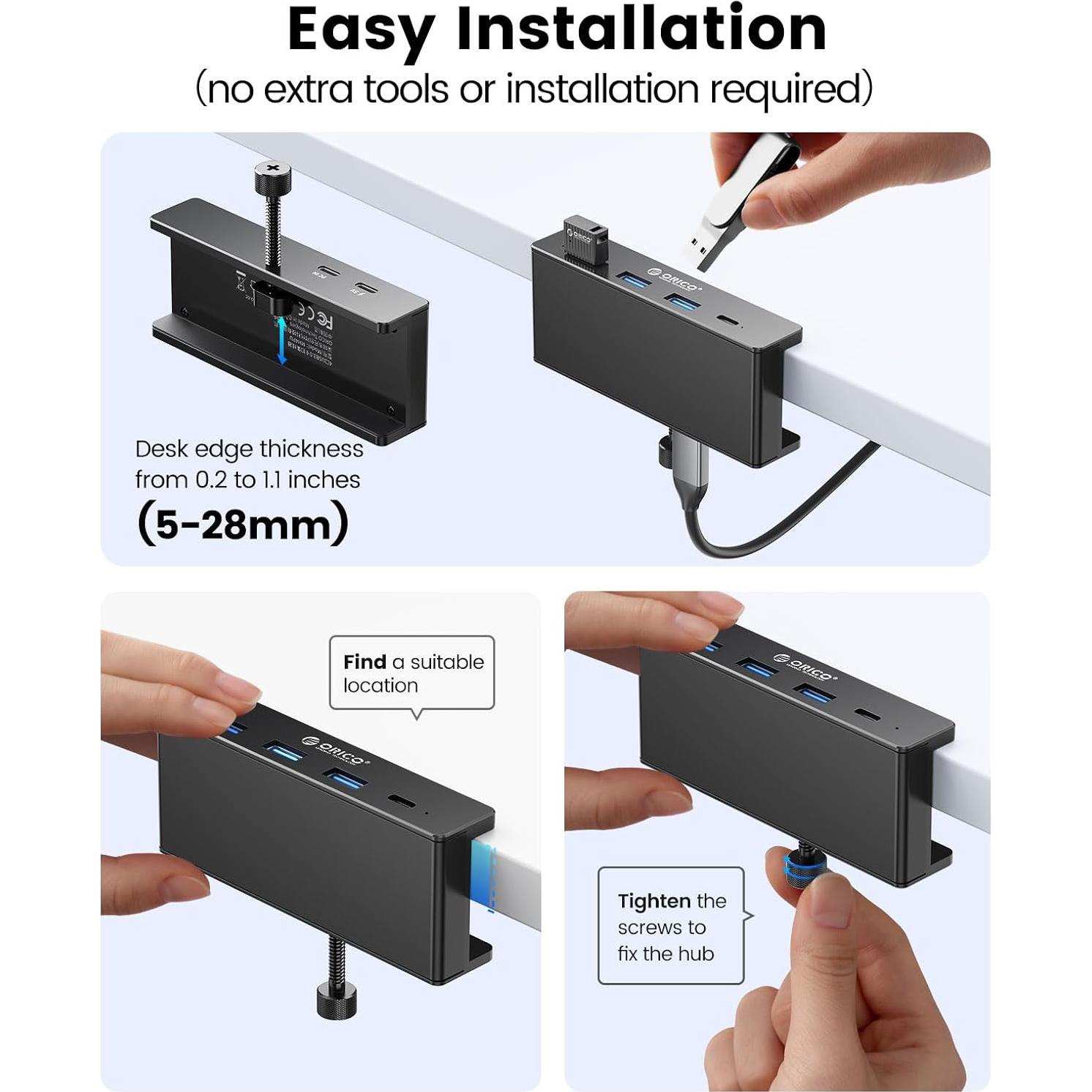 Hub USB 3.0 ORICO con Abrazadera y Puerto USB-C 4 Puertos