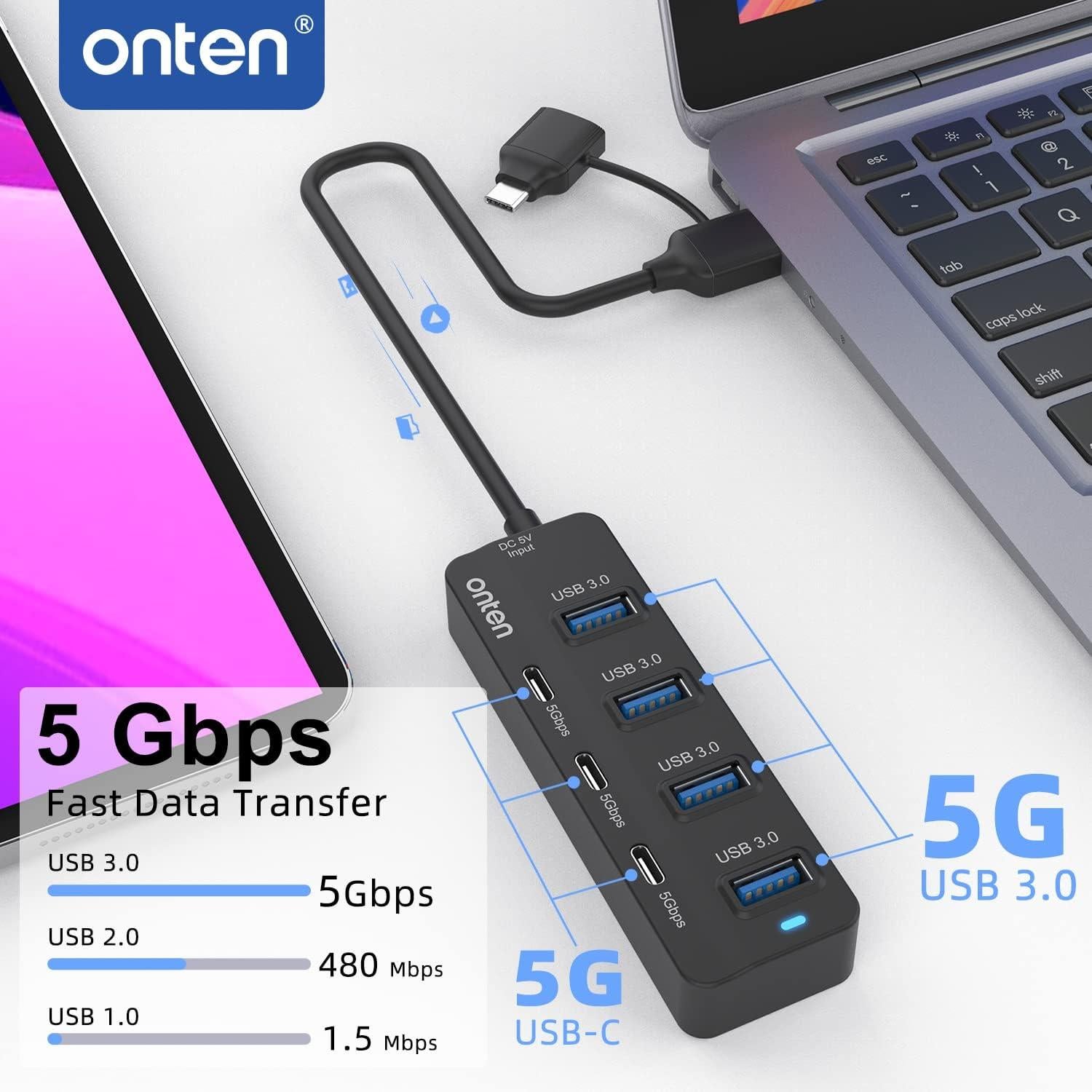 Hub USB C Onten 7 Puertos USB 3.0 con Adaptador 0.97m
