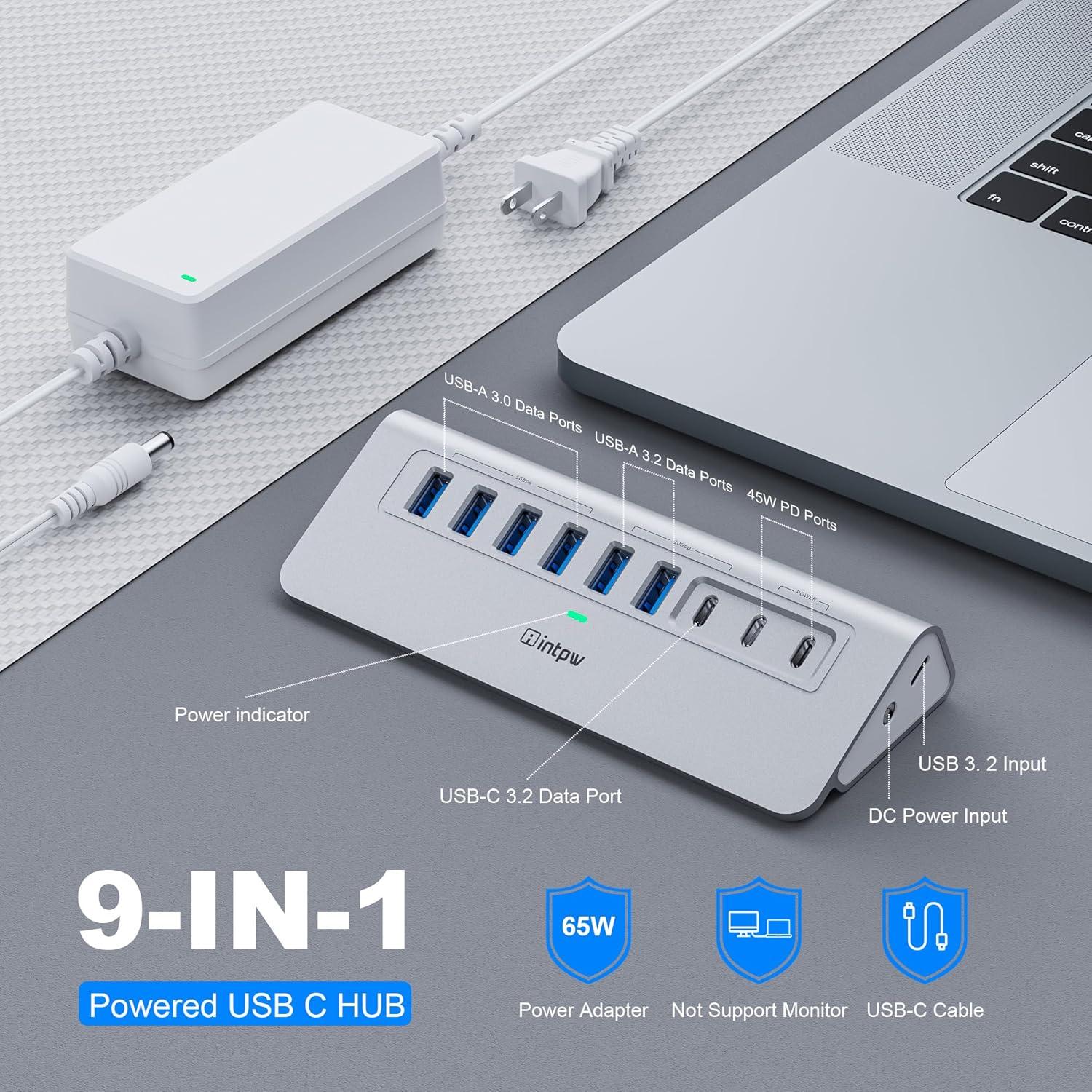 Hub USB 3.2 Alimentado INTPW 9 Puertos 10Gbps Carga PD 45W