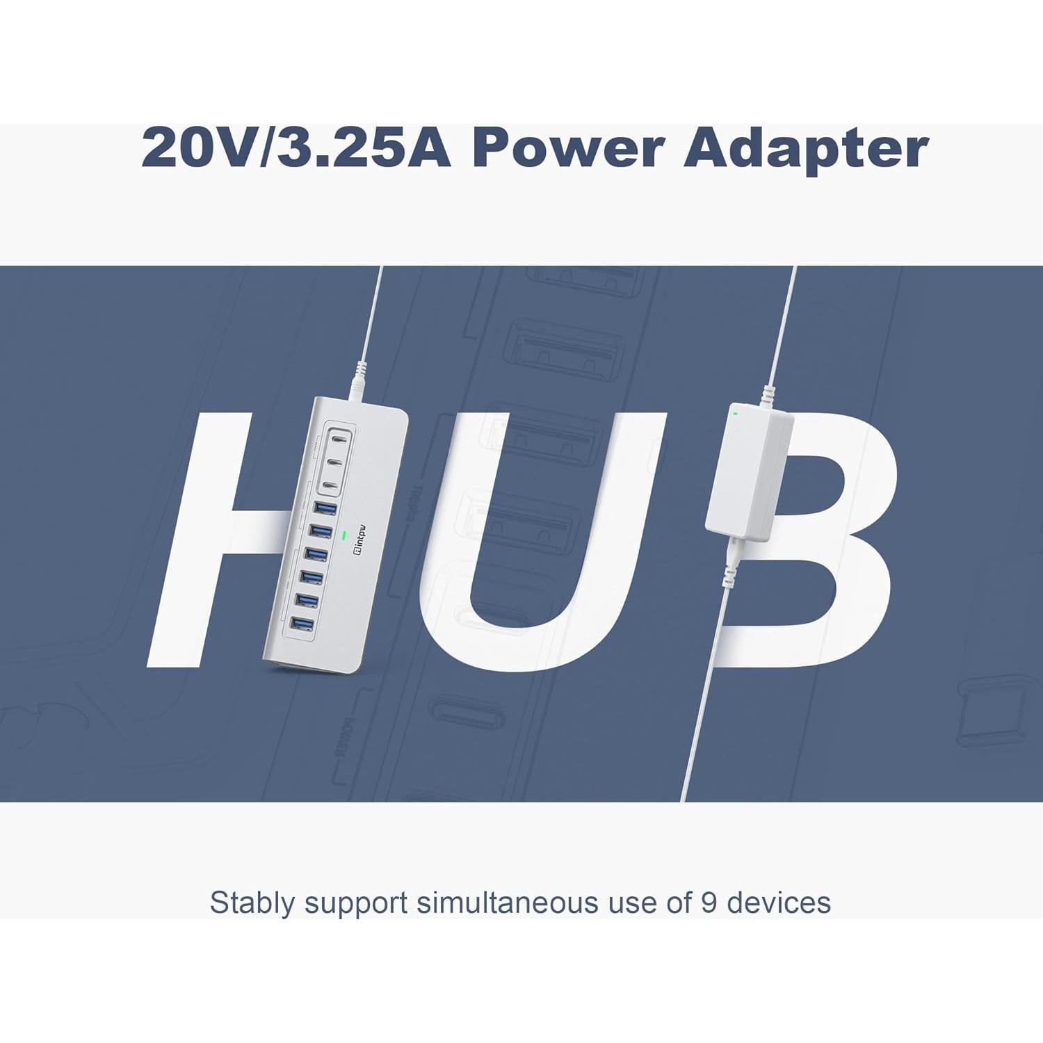 Hub USB 3.2 Alimentado INTPW 9 Puertos 10Gbps Carga PD 45W