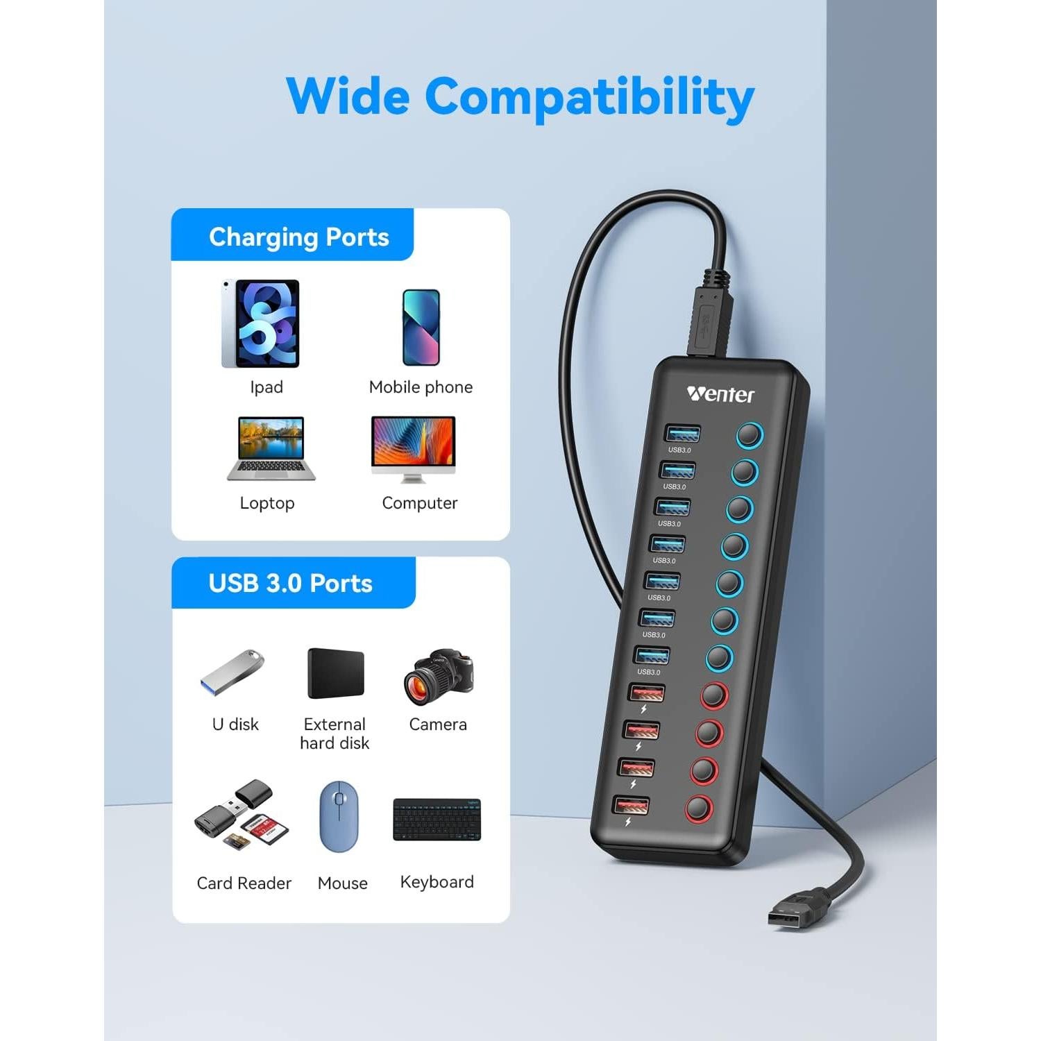 Hub USB 3.0 Alimentado Wenter 11 Puertos con Carga Rápida