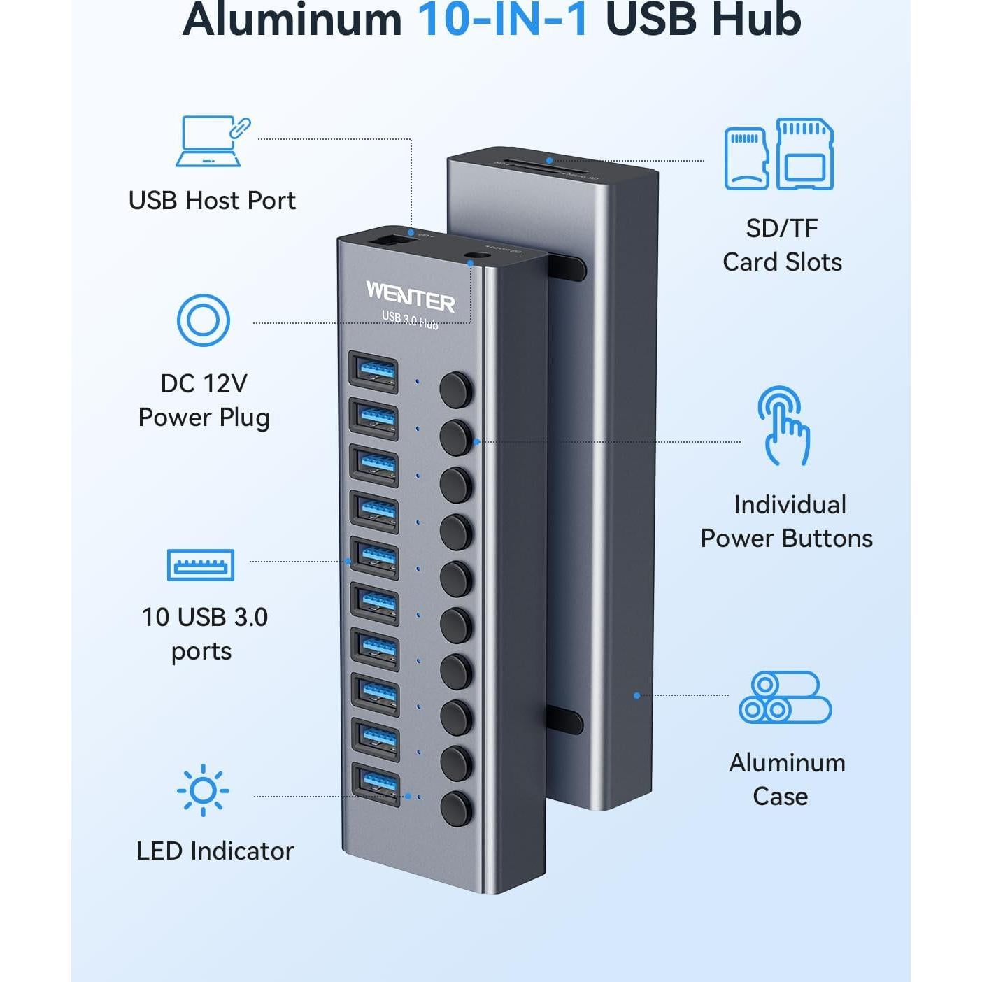 Hub USB 3.0 Alimentado Wenter 10 Puertos con Lectores SD/TF