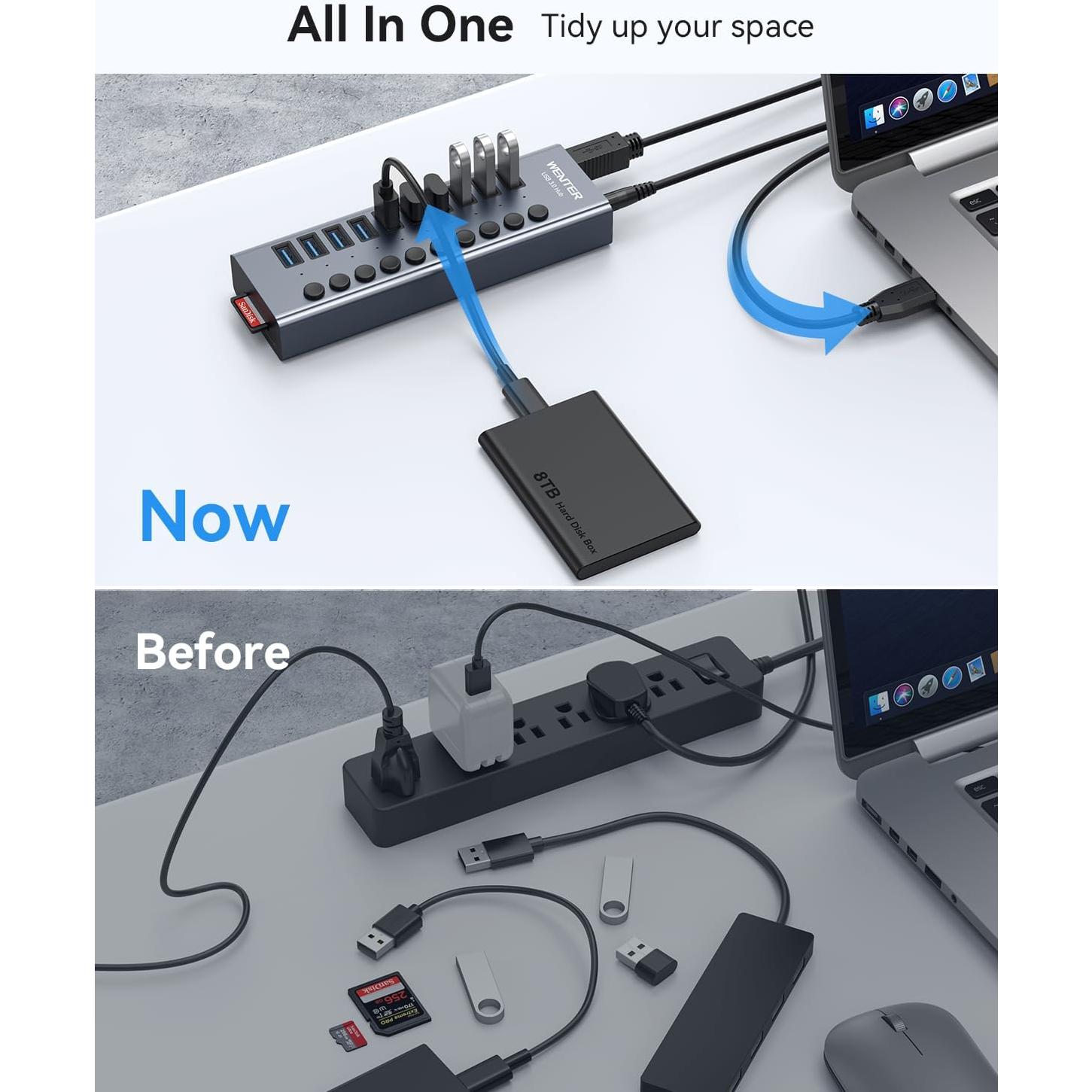 Hub USB 3.0 Alimentado Wenter 10 Puertos con Lectores SD/TF