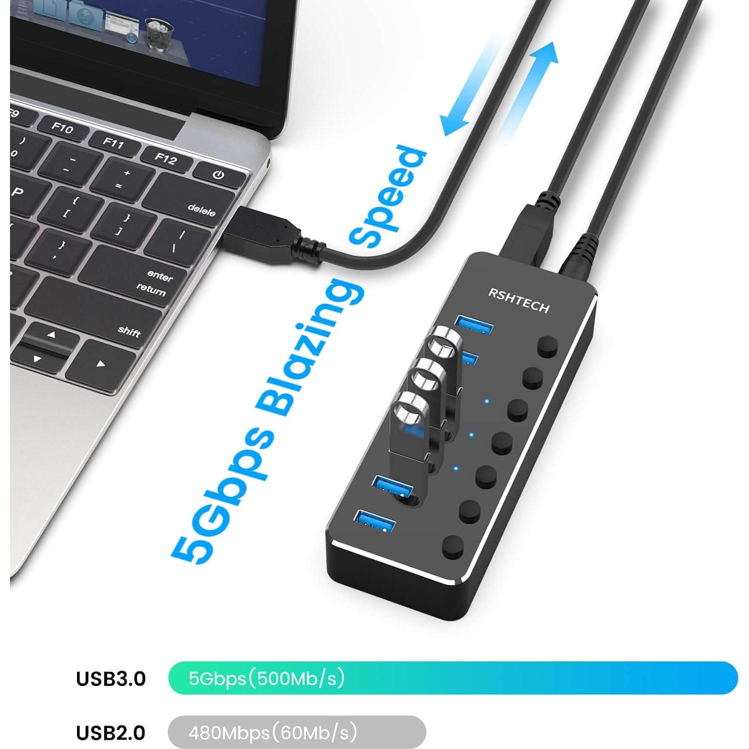 Hub USB 3.0 RSHTECH de 7 Puertos Alimentado con Interruptores