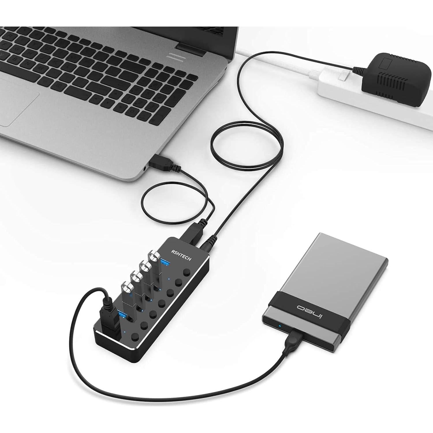 Hub USB 3.0 RSHTECH de 7 Puertos Alimentado con Interruptores