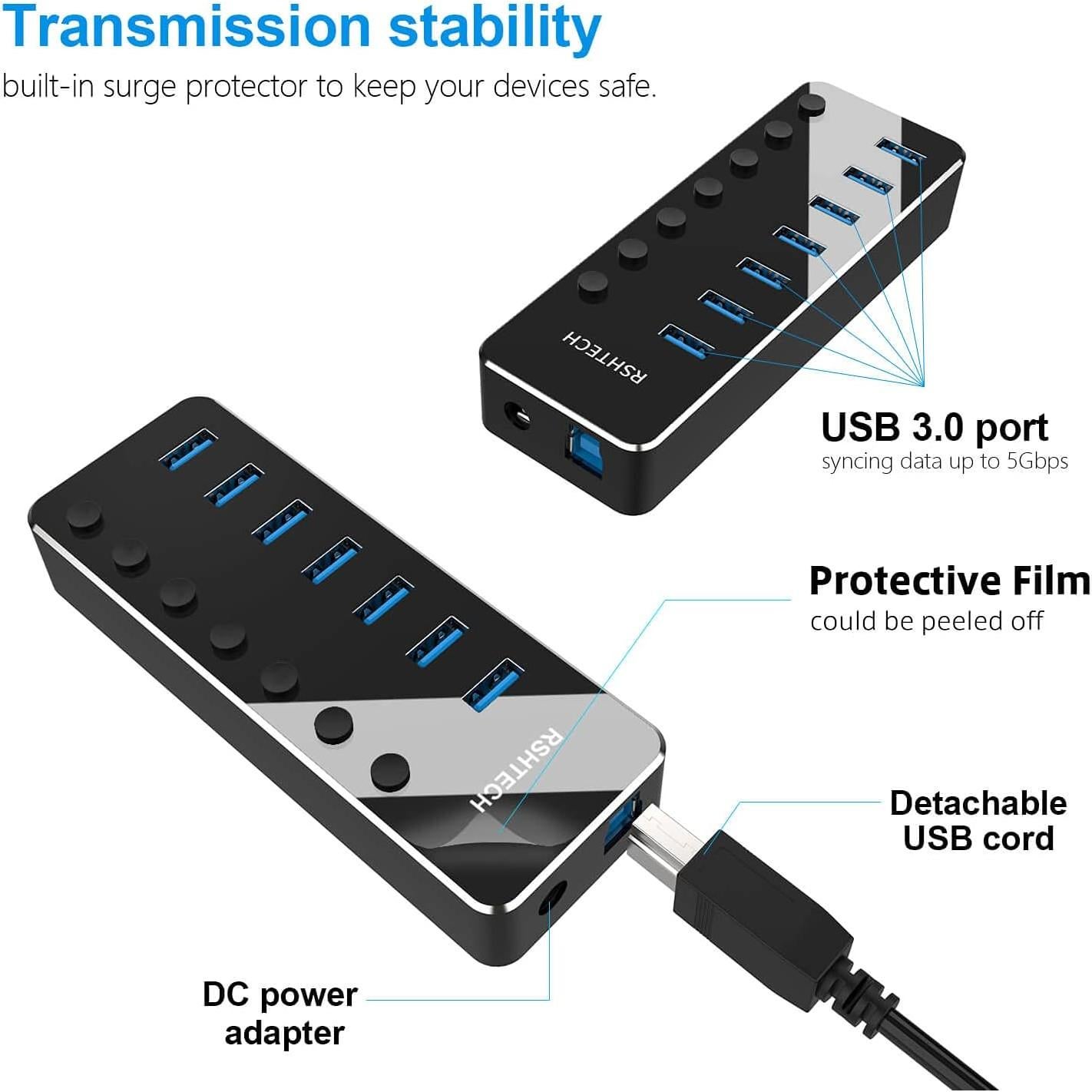 Hub USB 3.0 RSHTECH de 7 Puertos Alimentado con Interruptores