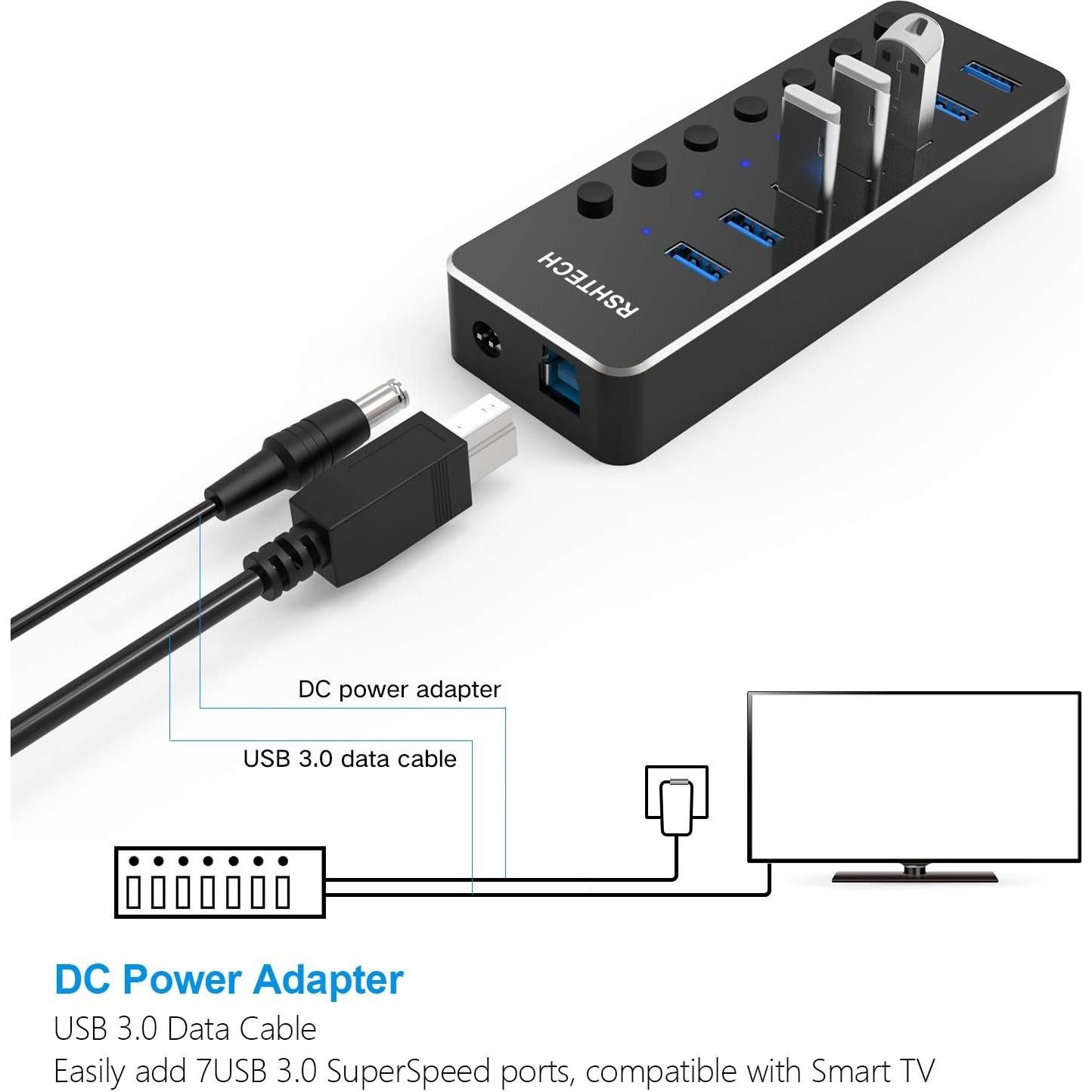 Hub USB 3.0 RSHTECH de 7 Puertos Alimentado con Interruptores