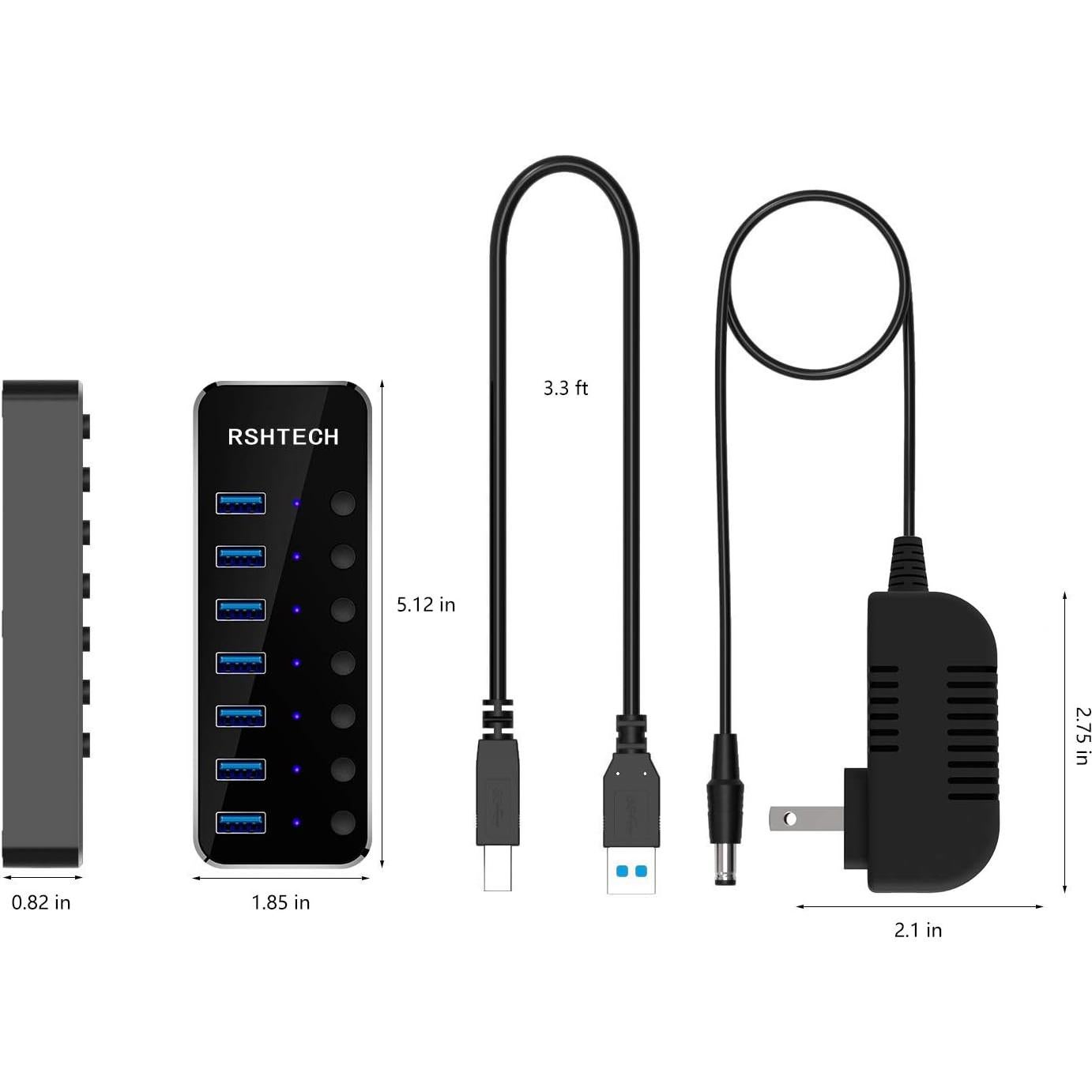 Hub USB 3.0 RSHTECH de 7 Puertos Alimentado con Interruptores