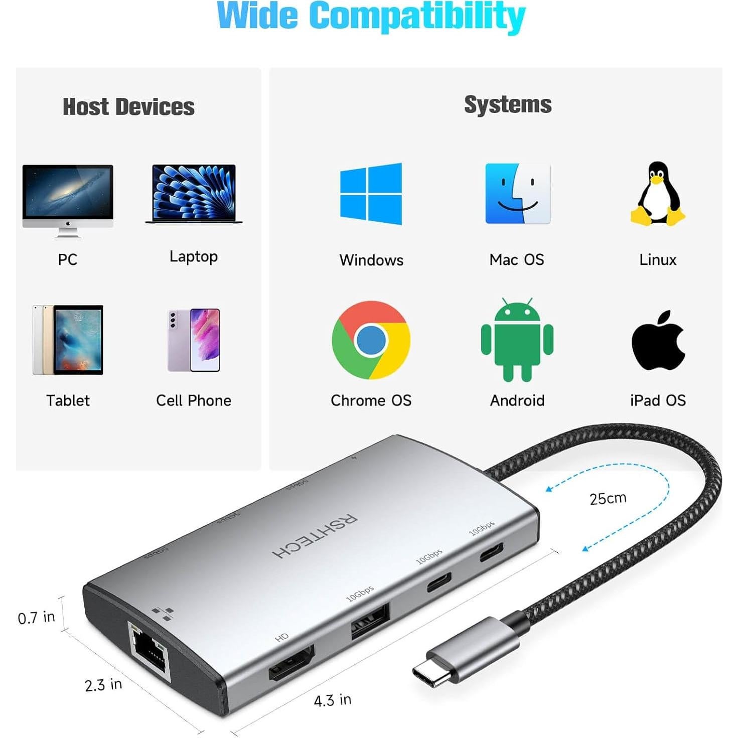 Adaptador Multiport USB C 9 en 1 RSHTECH HDMI 4K 100W