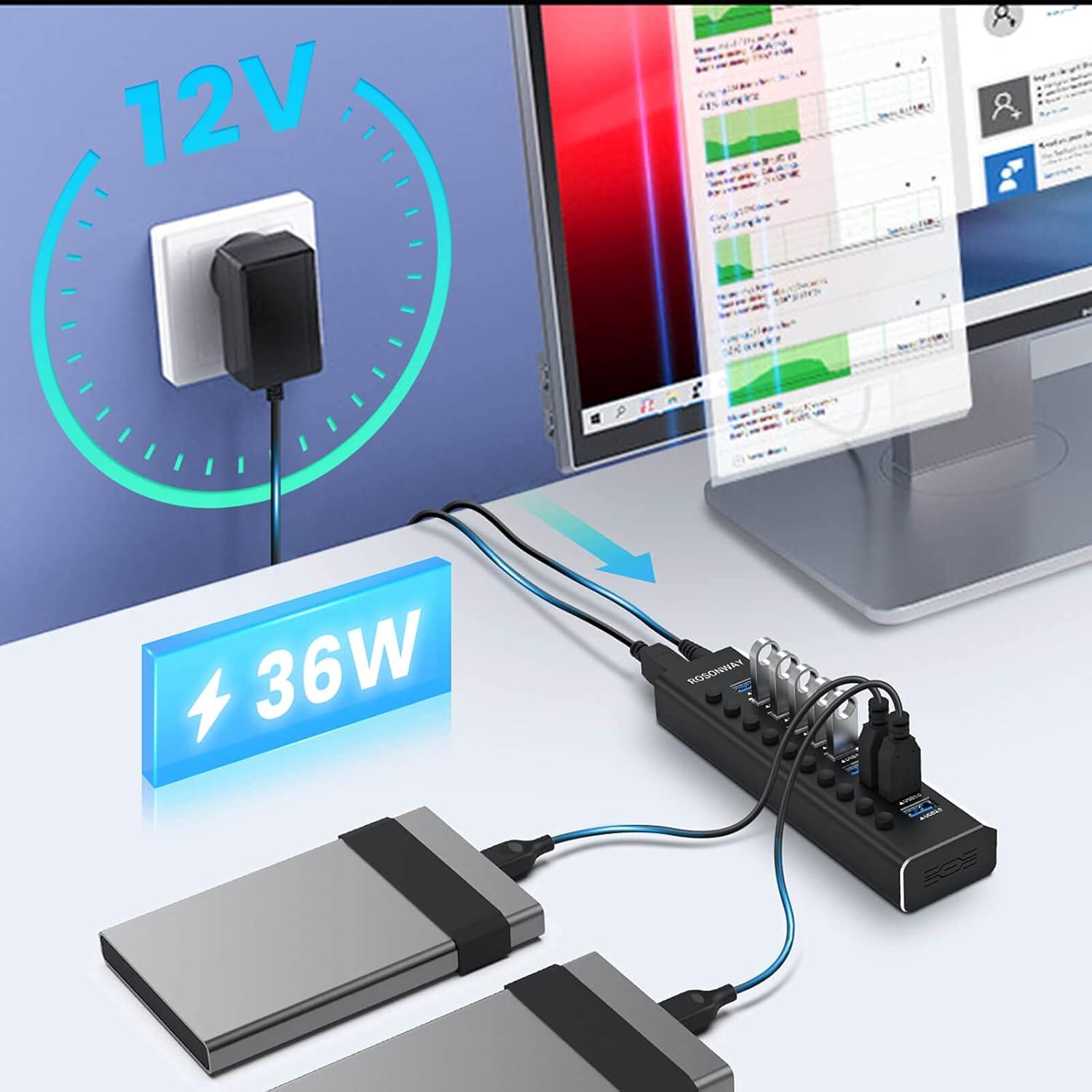 Hub USB 3.0 Alimentado Rosonway RSH-A10 de 10 Puertos