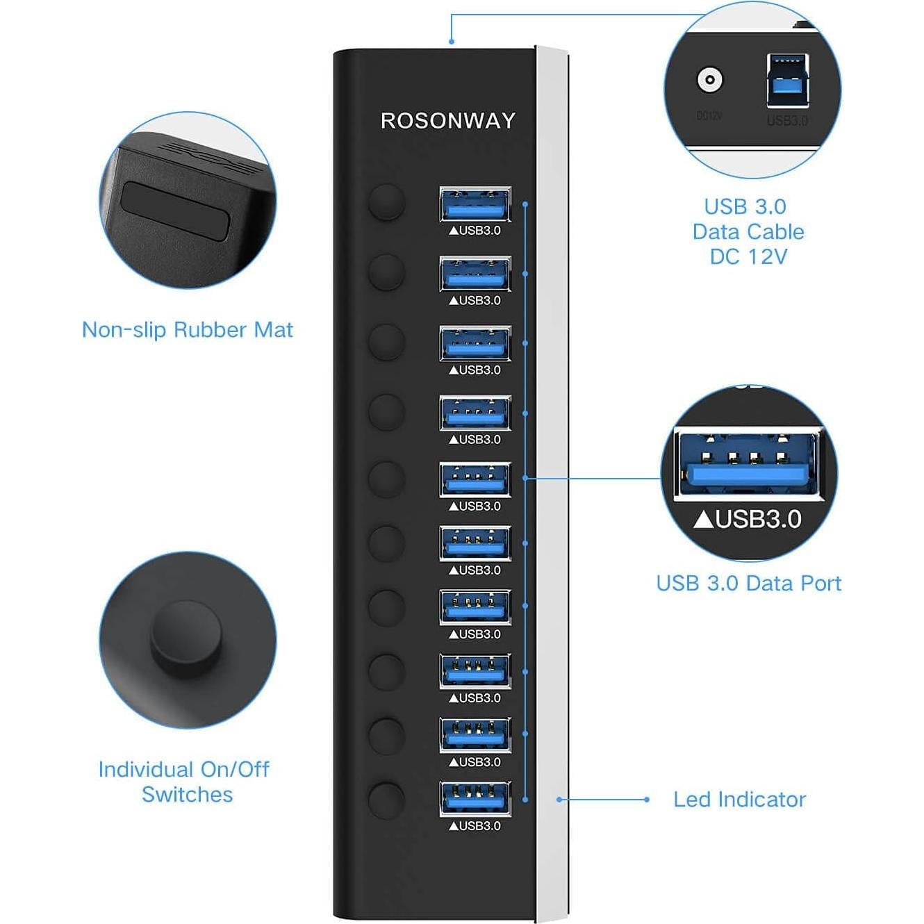 Hub USB 3.0 Alimentado Rosonway RSH-A10 de 10 Puertos