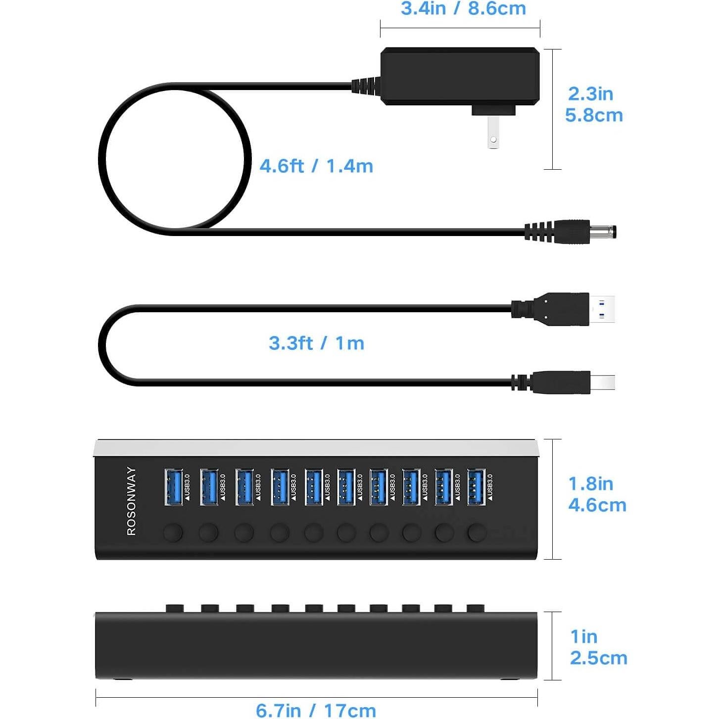 Hub USB 3.0 Alimentado Rosonway RSH-A10 de 10 Puertos