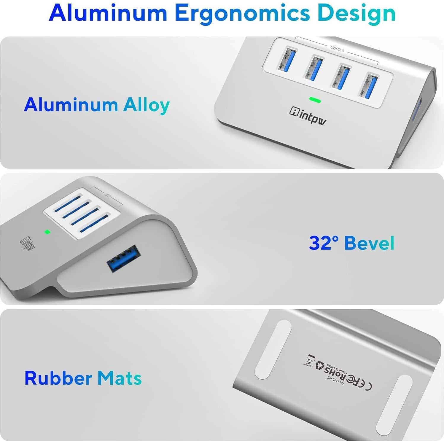 Hub USB 3.0 4 Puertos Aluminio Intpw 5Gbps para Laptop