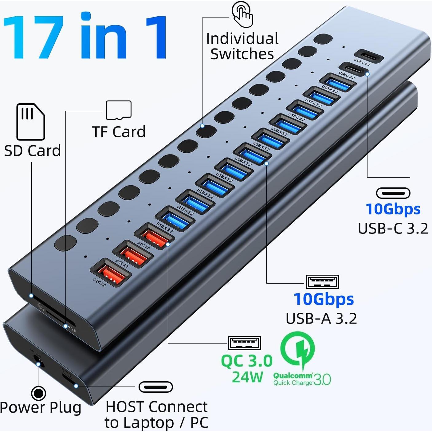 Hub USB 3.2 Alimentado VANGREE 17 Puertos 96W Carga Rápida
