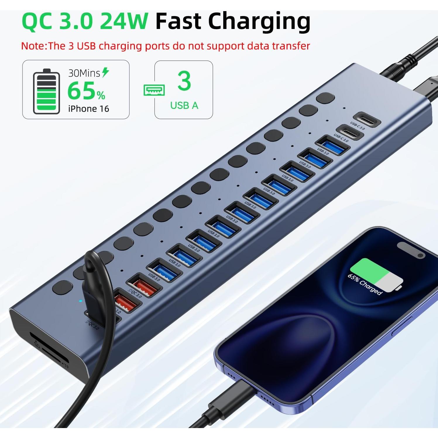 Hub USB 3.2 Alimentado VANGREE 17 Puertos 96W Carga Rápida