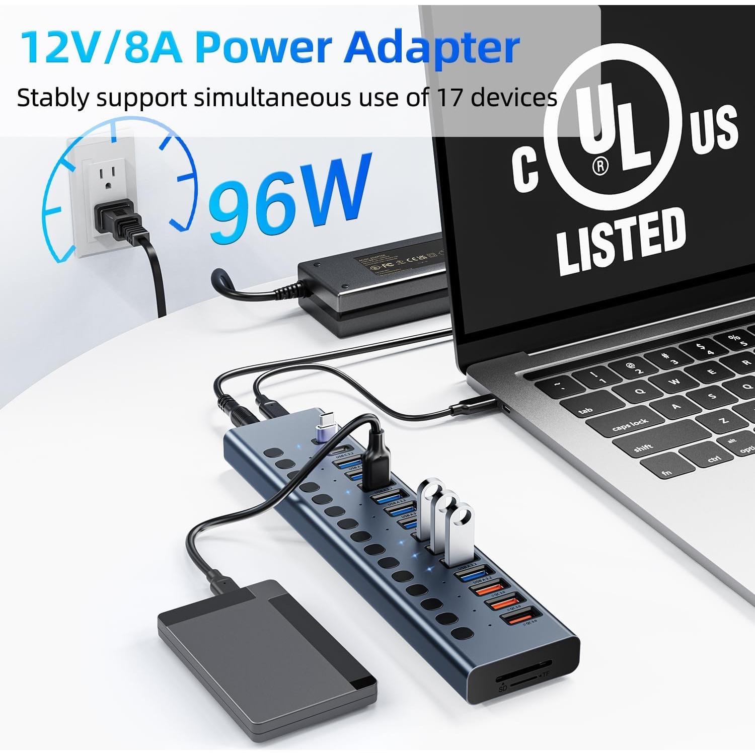 Hub USB 3.2 Alimentado VANGREE 17 Puertos 96W Carga Rápida