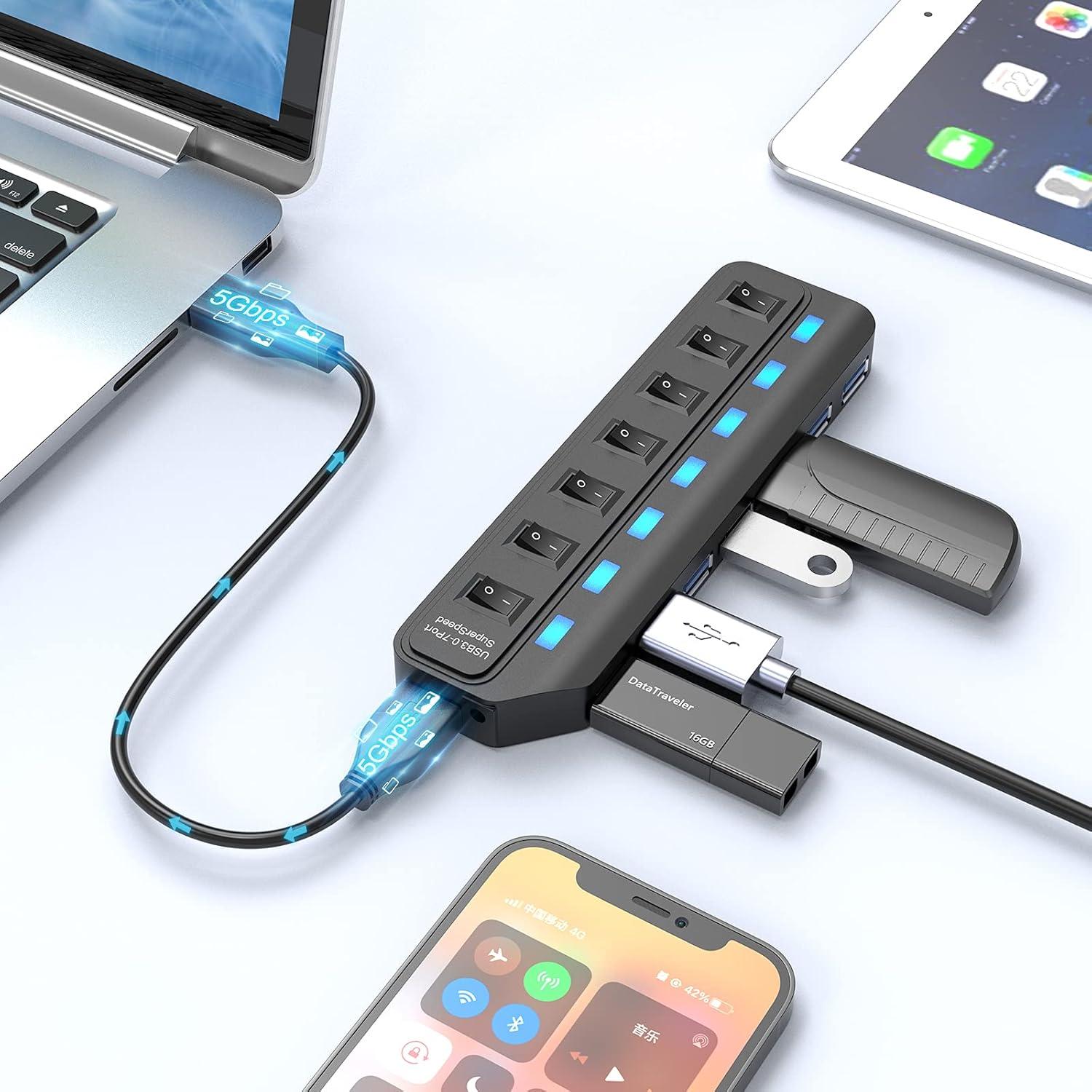 Hub USB 3.0 ONFINIO 7 Puertos con Interruptores LED 5 Gbps