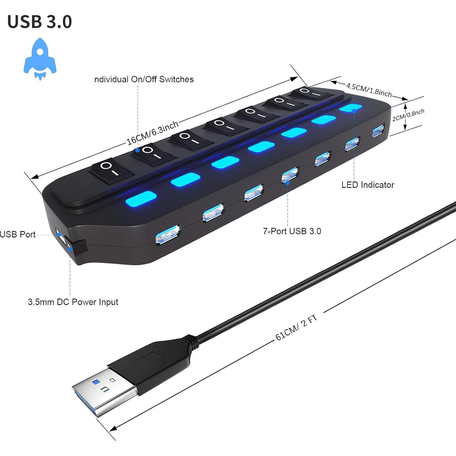 Hub USB 3.0 ONFINIO 7 Puertos con Interruptores LED 5 Gbps