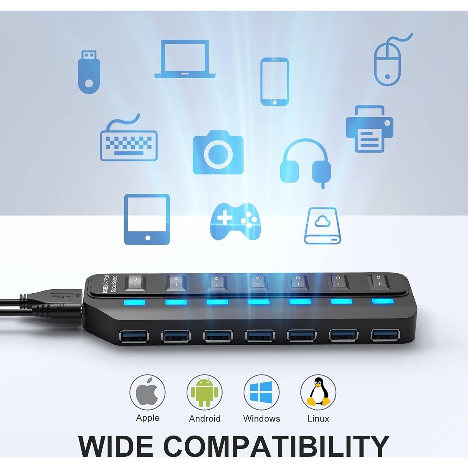 Hub USB 3.0 ONFINIO 7 Puertos con Interruptores LED 5 Gbps