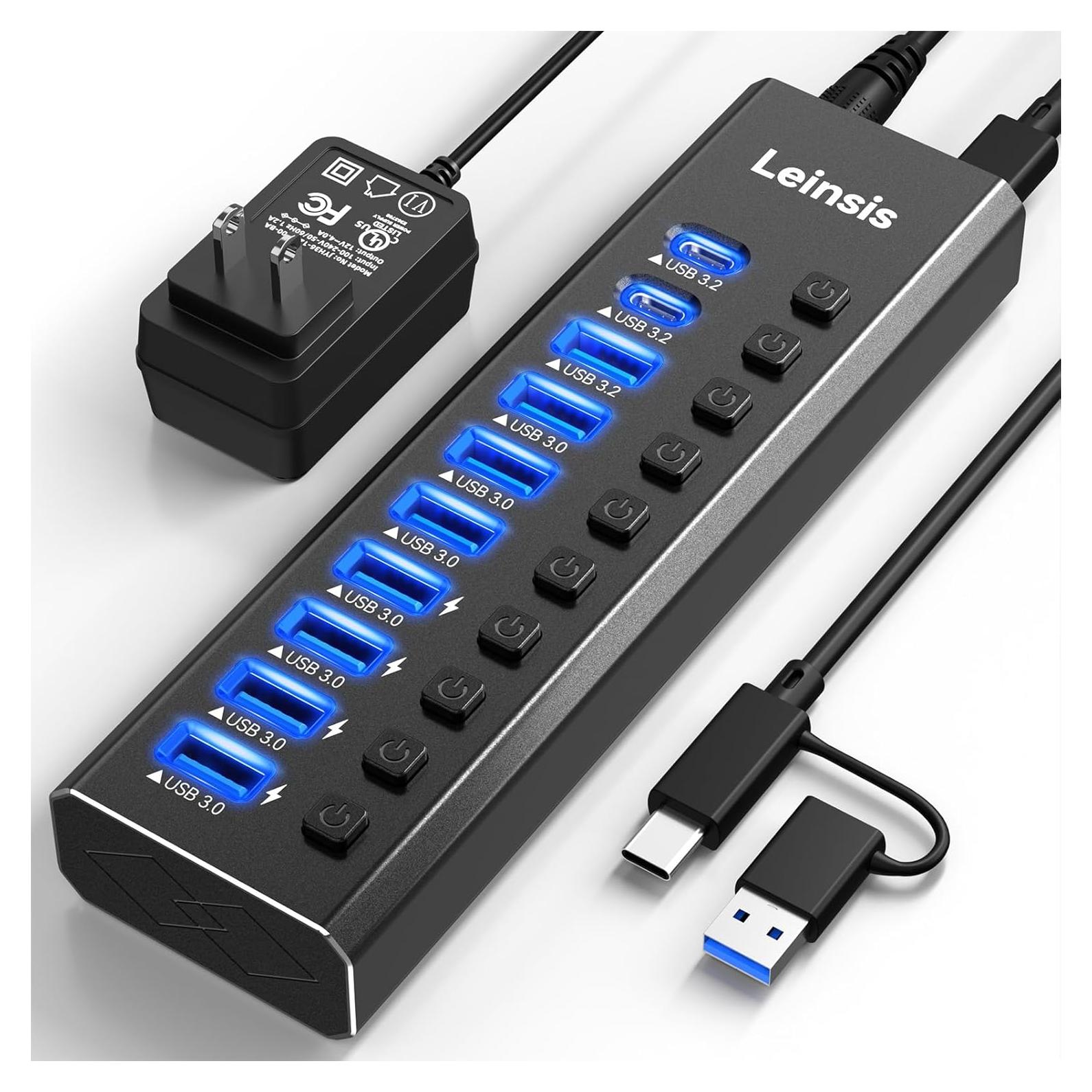 Hub USB 3.2 Alimentado LEINSIS 10 Puertos con Interruptores