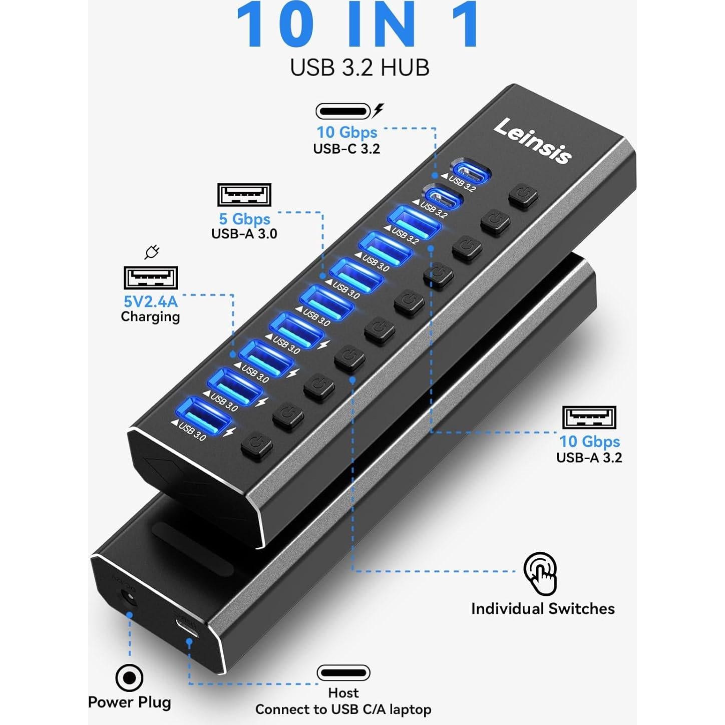 Hub USB 3.2 Alimentado LEINSIS 10 Puertos con Interruptores