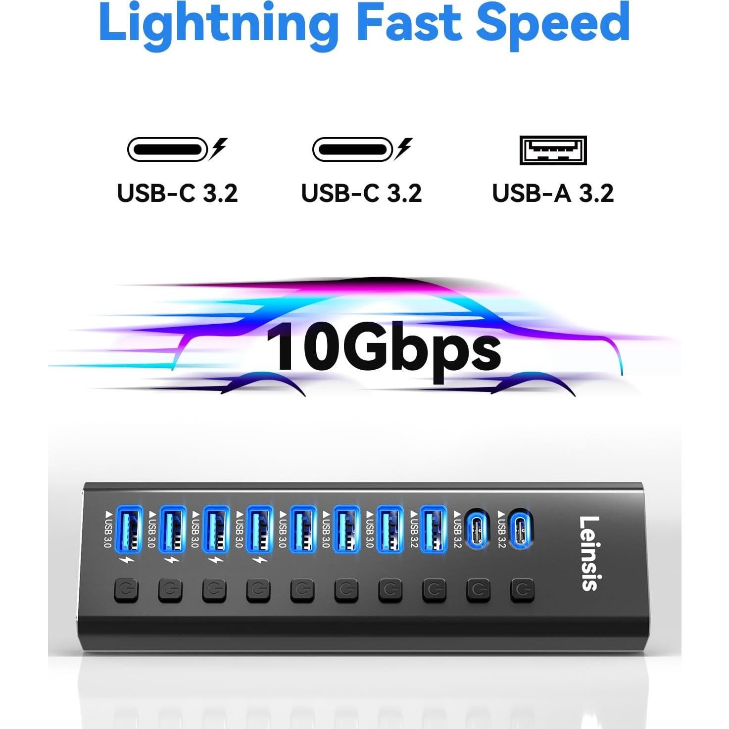 Hub USB 3.2 Alimentado LEINSIS 10 Puertos con Interruptores