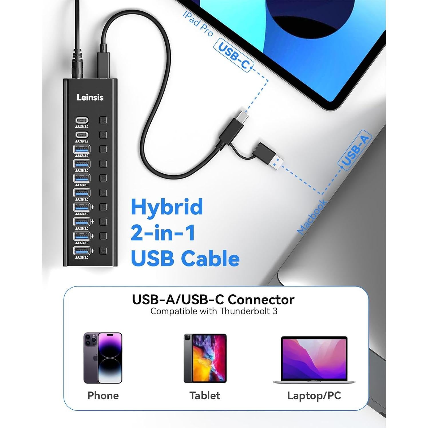 Hub USB 3.2 Alimentado LEINSIS 10 Puertos con Interruptores
