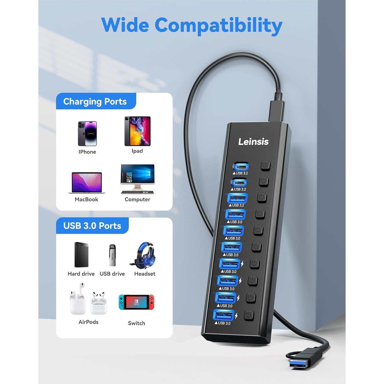 Hub USB 3.2 Alimentado LEINSIS 10 Puertos con Interruptores