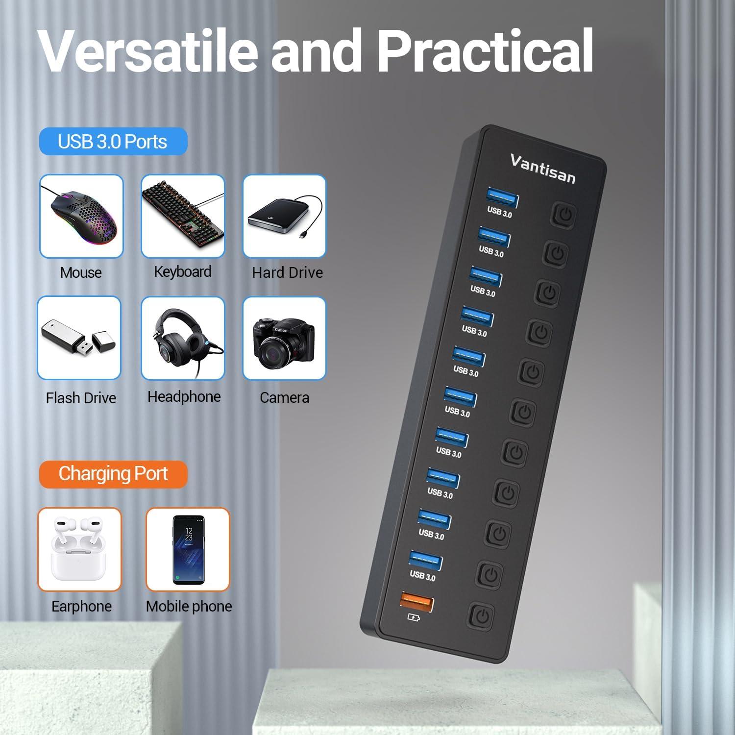 Hub USB 3.0 Alimentado 11 Puertos con Carga Rápida 5V 4A