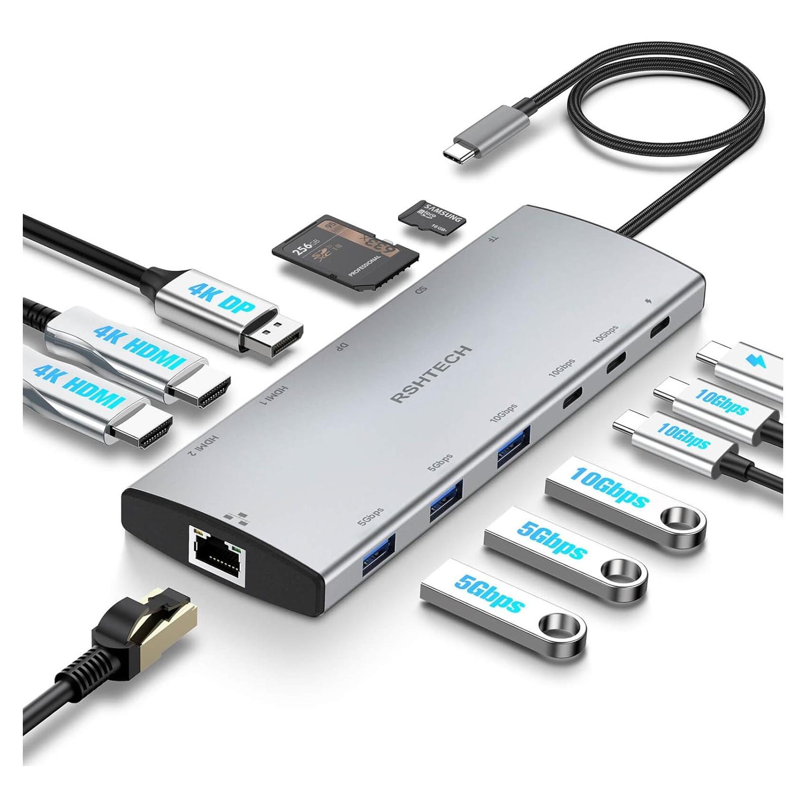 RSHTECH Hub USB C 12 en 1 Doble Monitor 4K Adaptador Multiport
