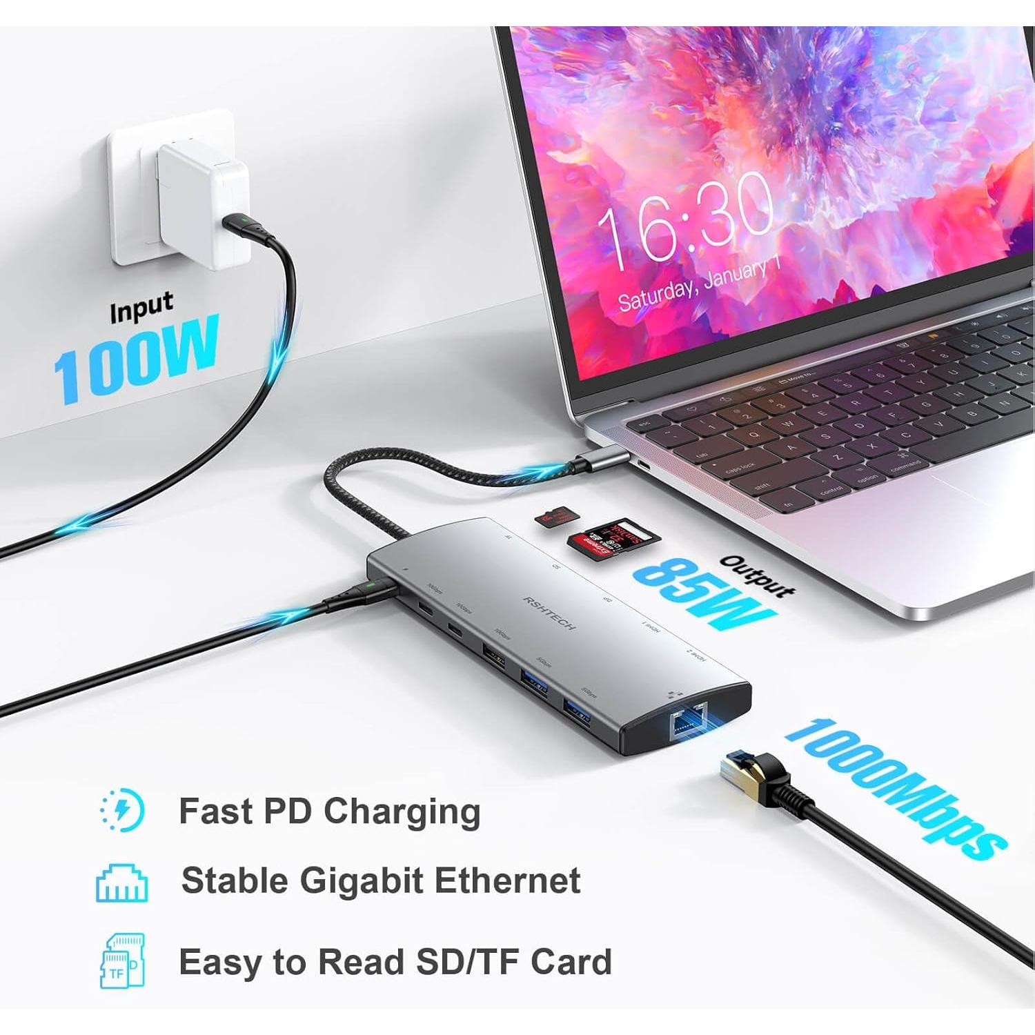 RSHTECH Hub USB C 12 en 1 Doble Monitor 4K Adaptador Multiport