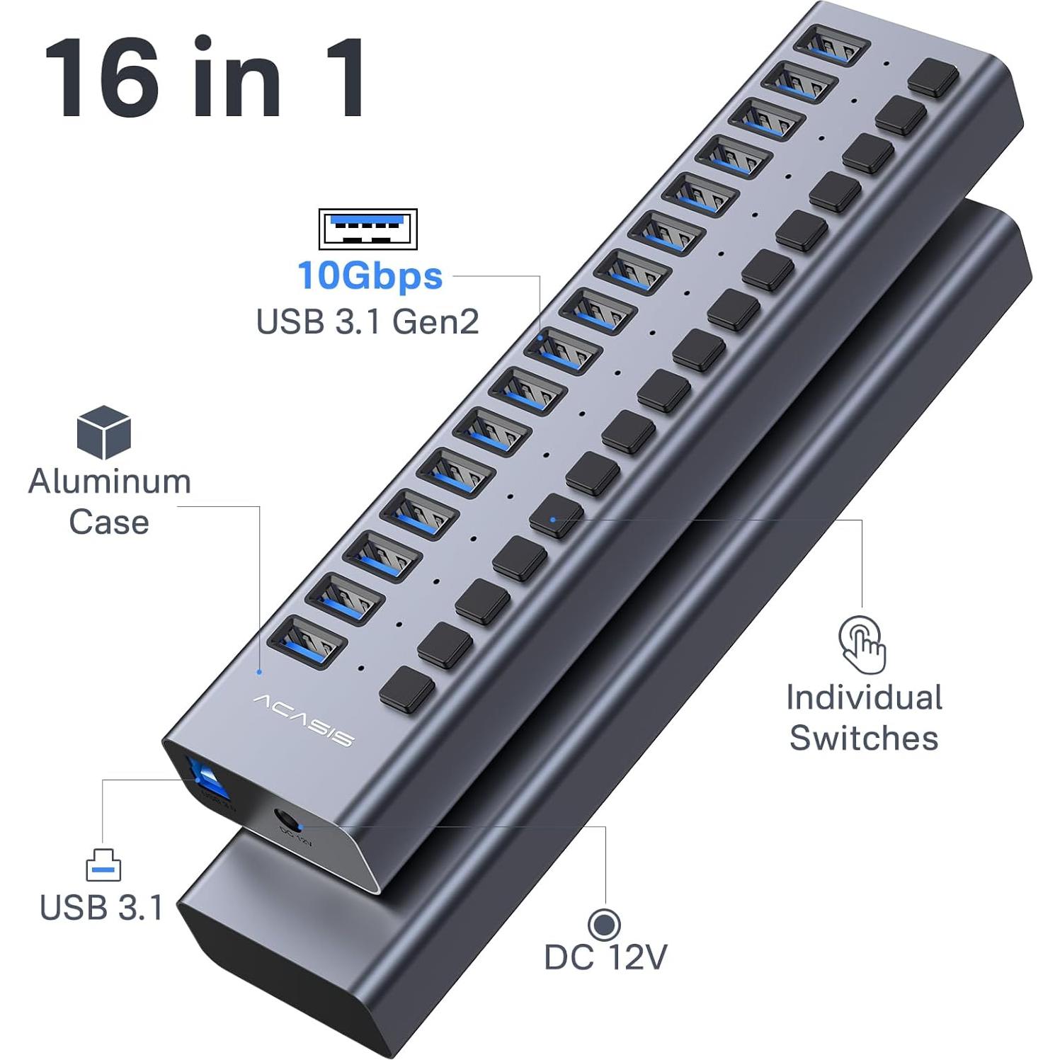 Hub USB 3.1 Alimentado ACASIS 16 Puertos 10Gbps 96W