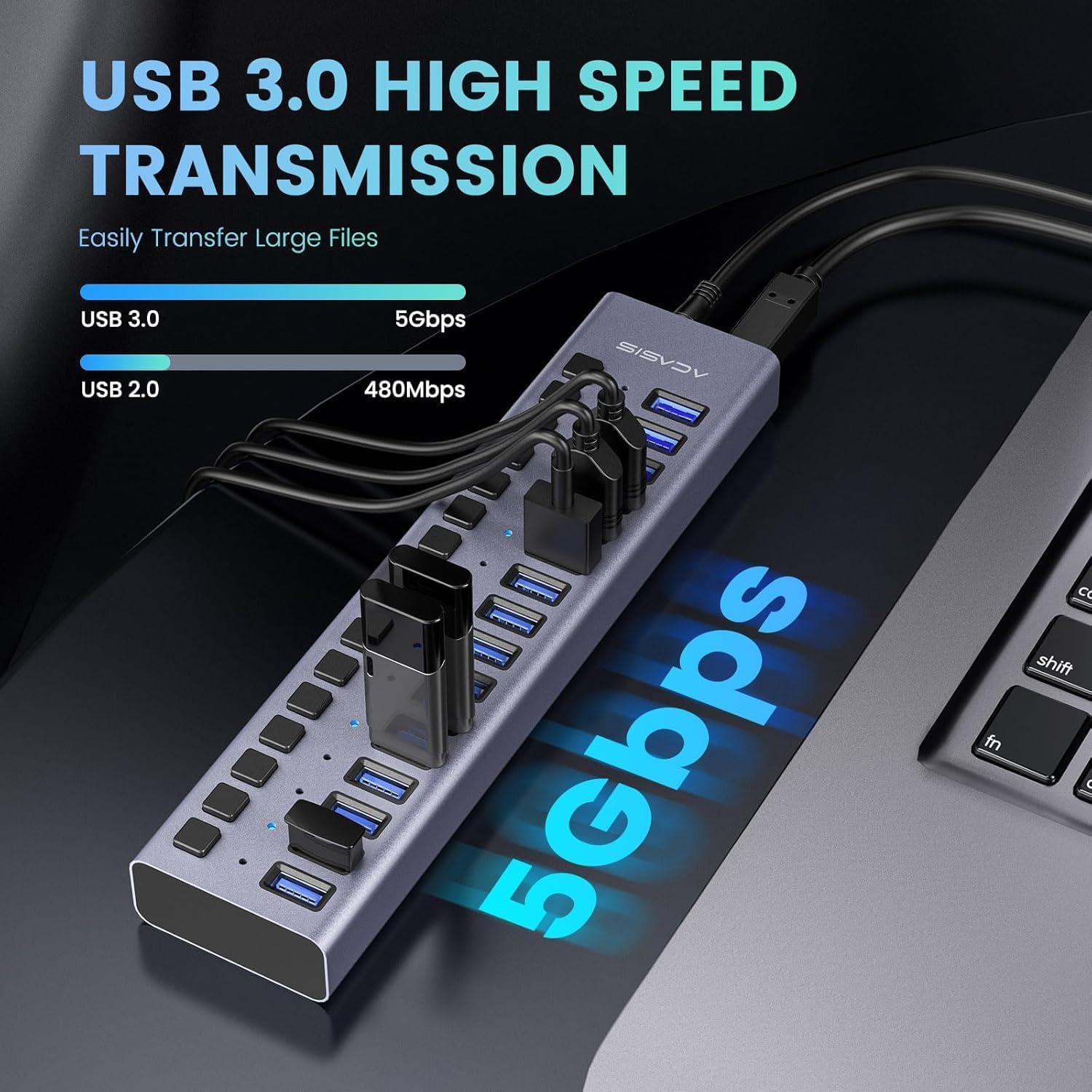 Hub USB 3.0 ACASIS de 16 Puertos - 90W, Aluminio, Interruptores