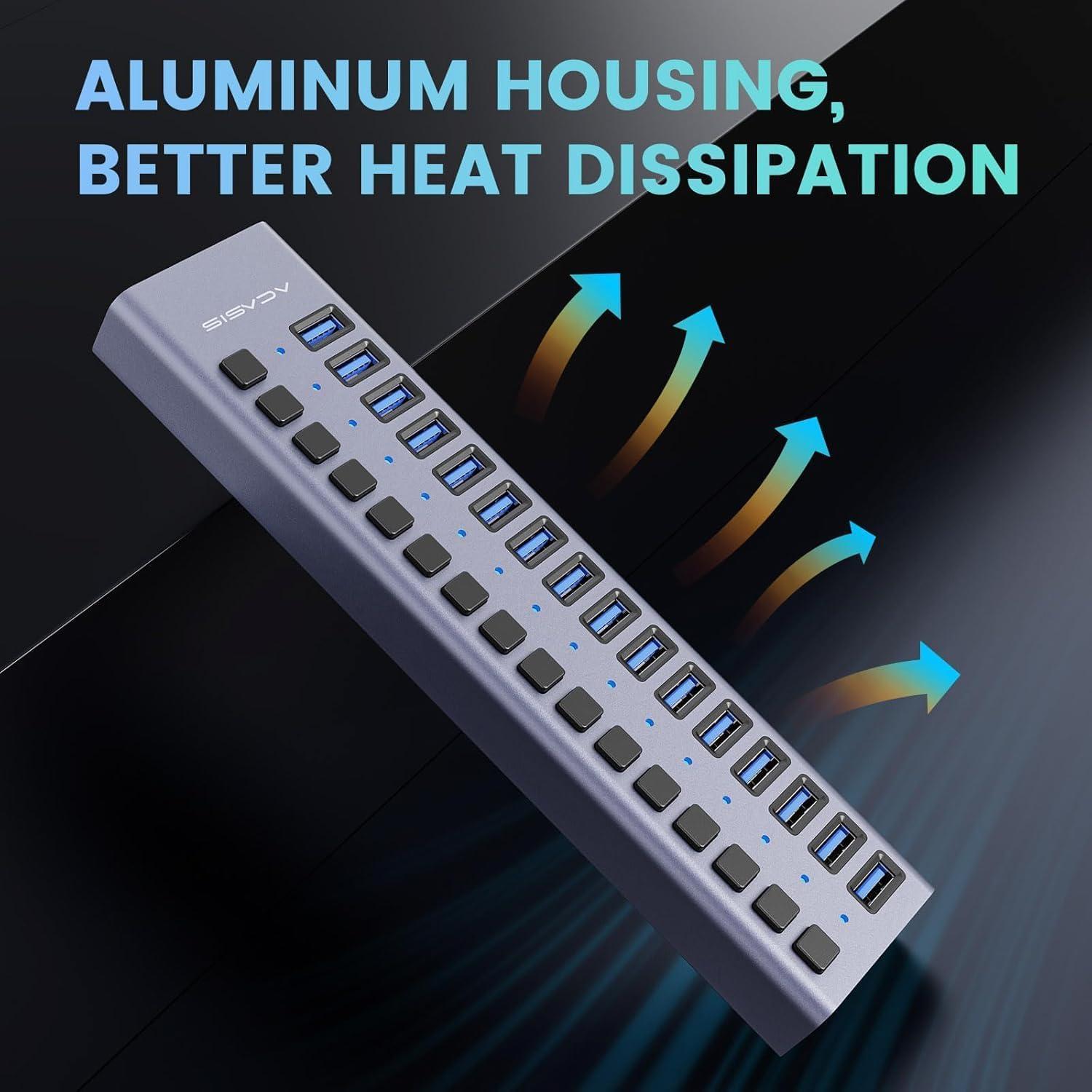 Hub USB 3.0 ACASIS de 16 Puertos - 90W, Aluminio, Interruptores