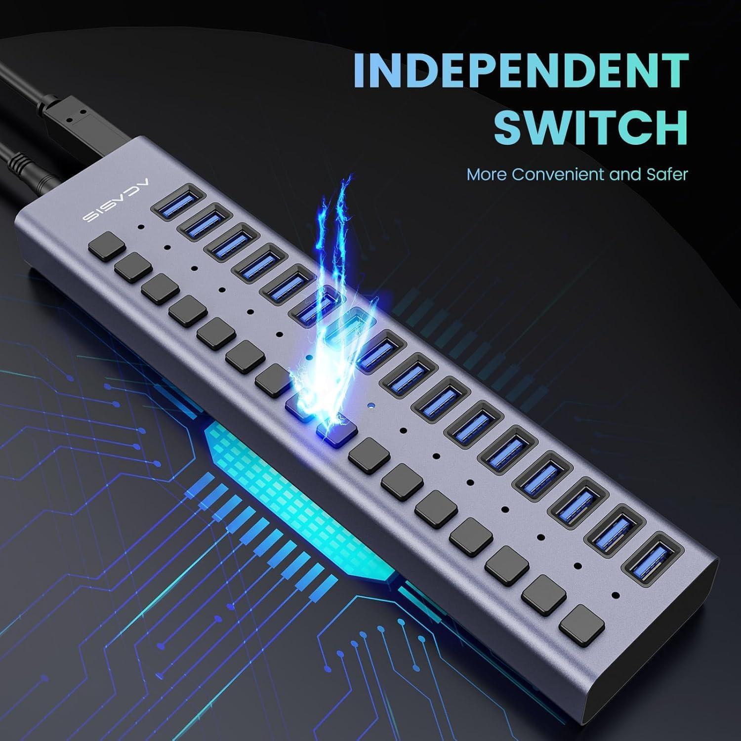 Hub USB 3.0 ACASIS de 16 Puertos - 90W, Aluminio, Interruptores