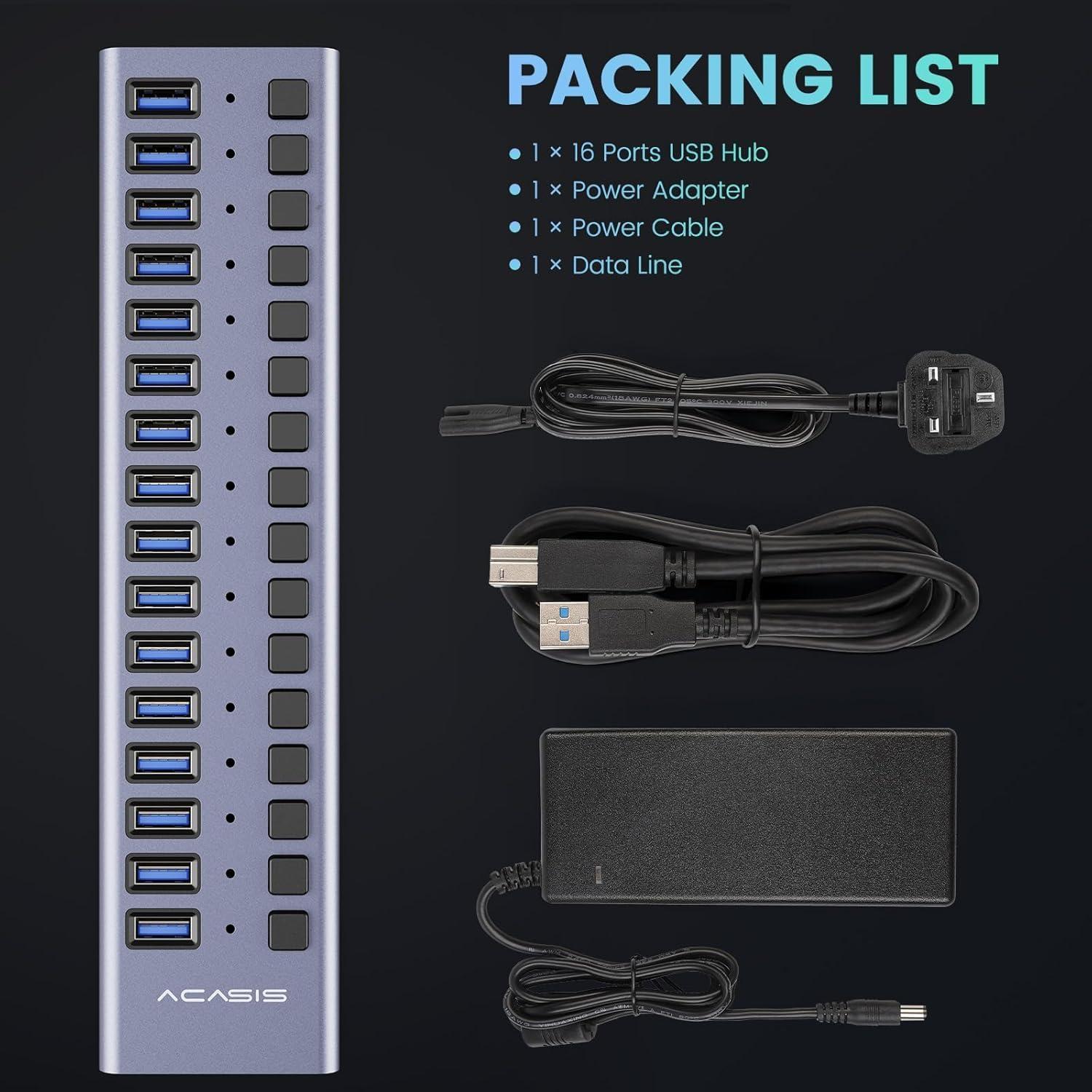 Hub USB 3.0 ACASIS de 16 Puertos - 90W, Aluminio, Interruptores