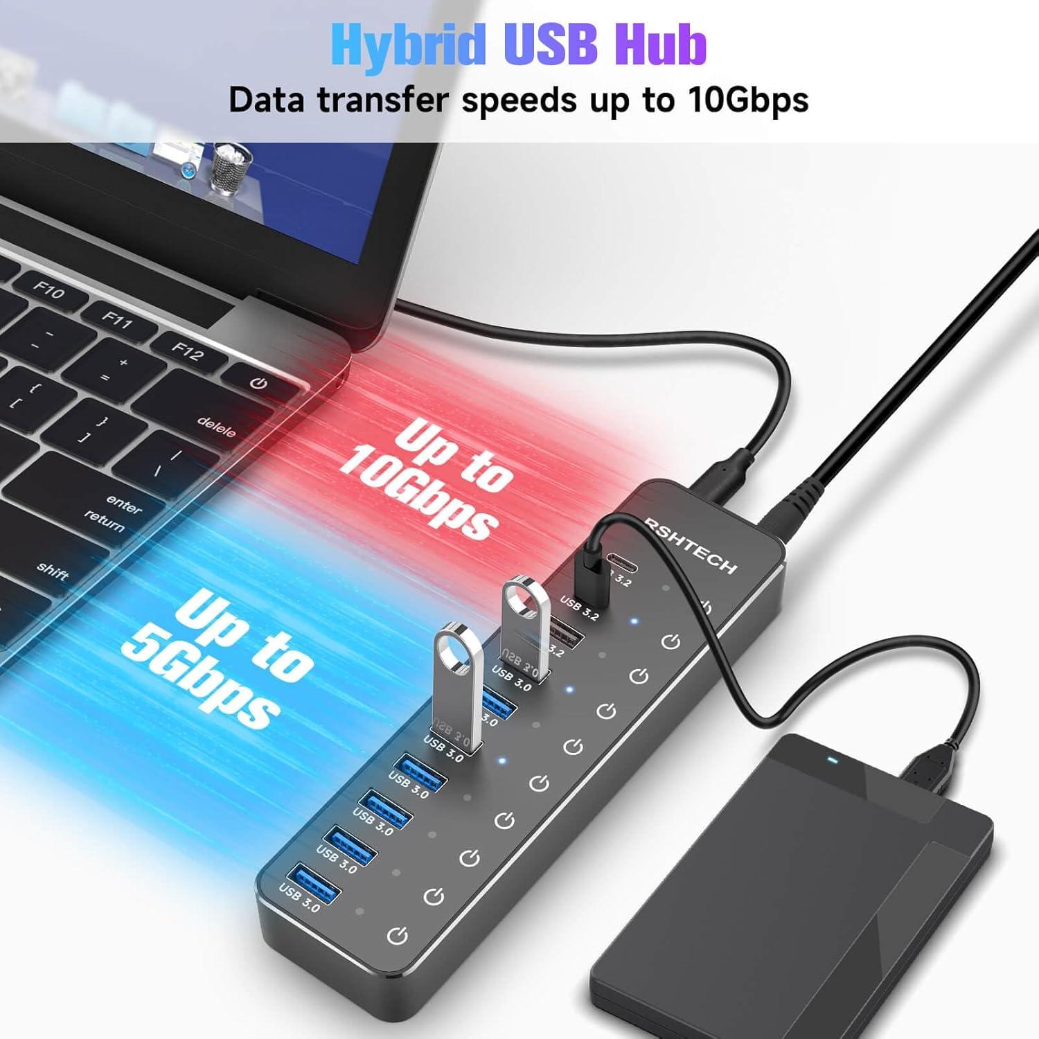 Hub USB 3.2 Alimentado RSHTECH 10 Puertos 60W 10Gbps