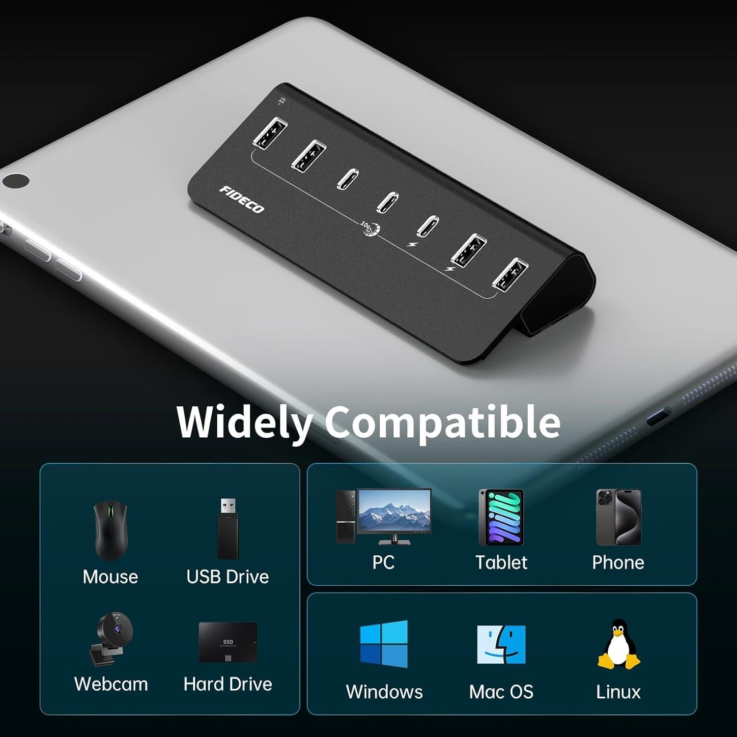 Hub USB 3.2 FIDECO de 7 Puertos con Carga BC1.2