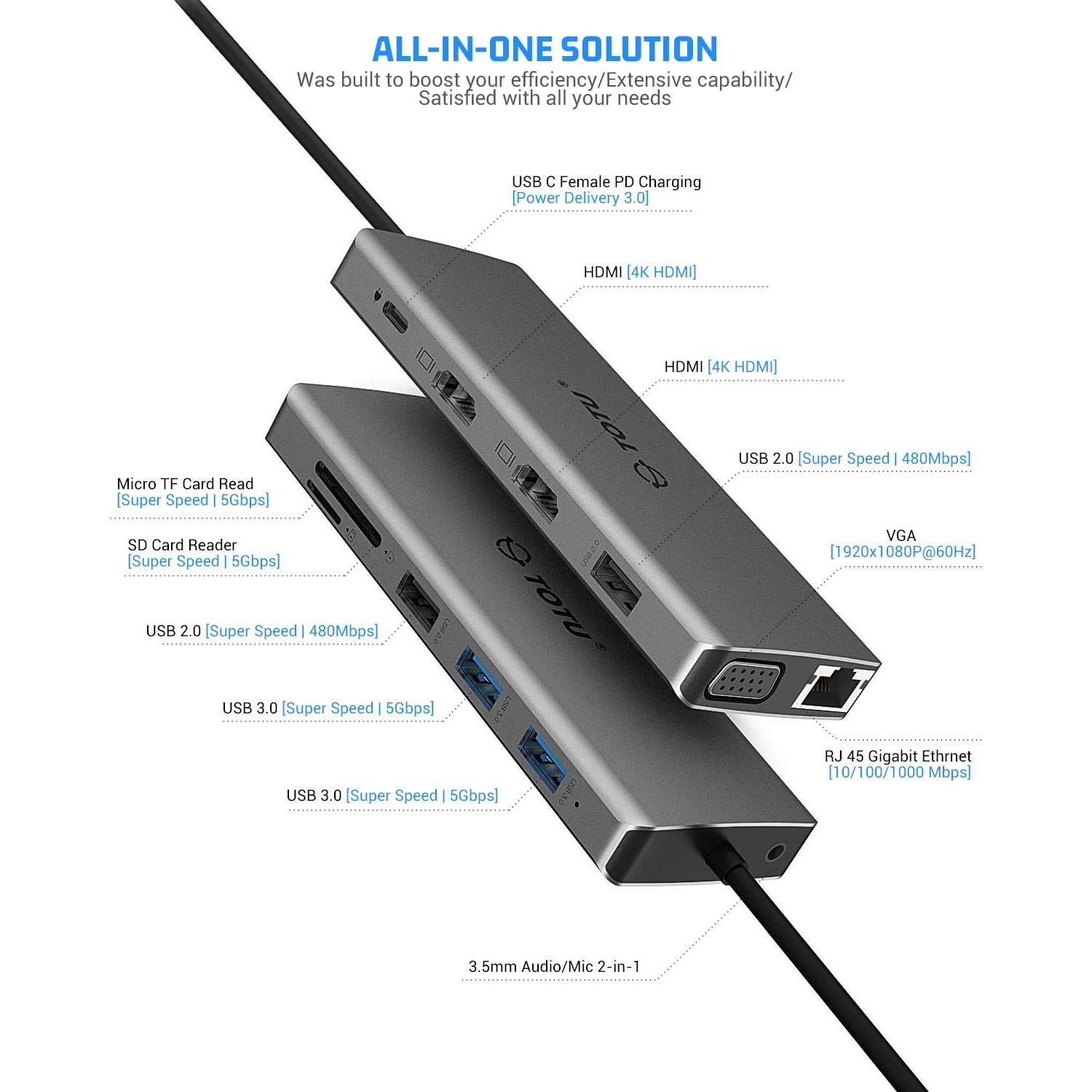 Hub USB-C 13-en-1 TOTU con HDMI 4K, Ethernet y Lector SD