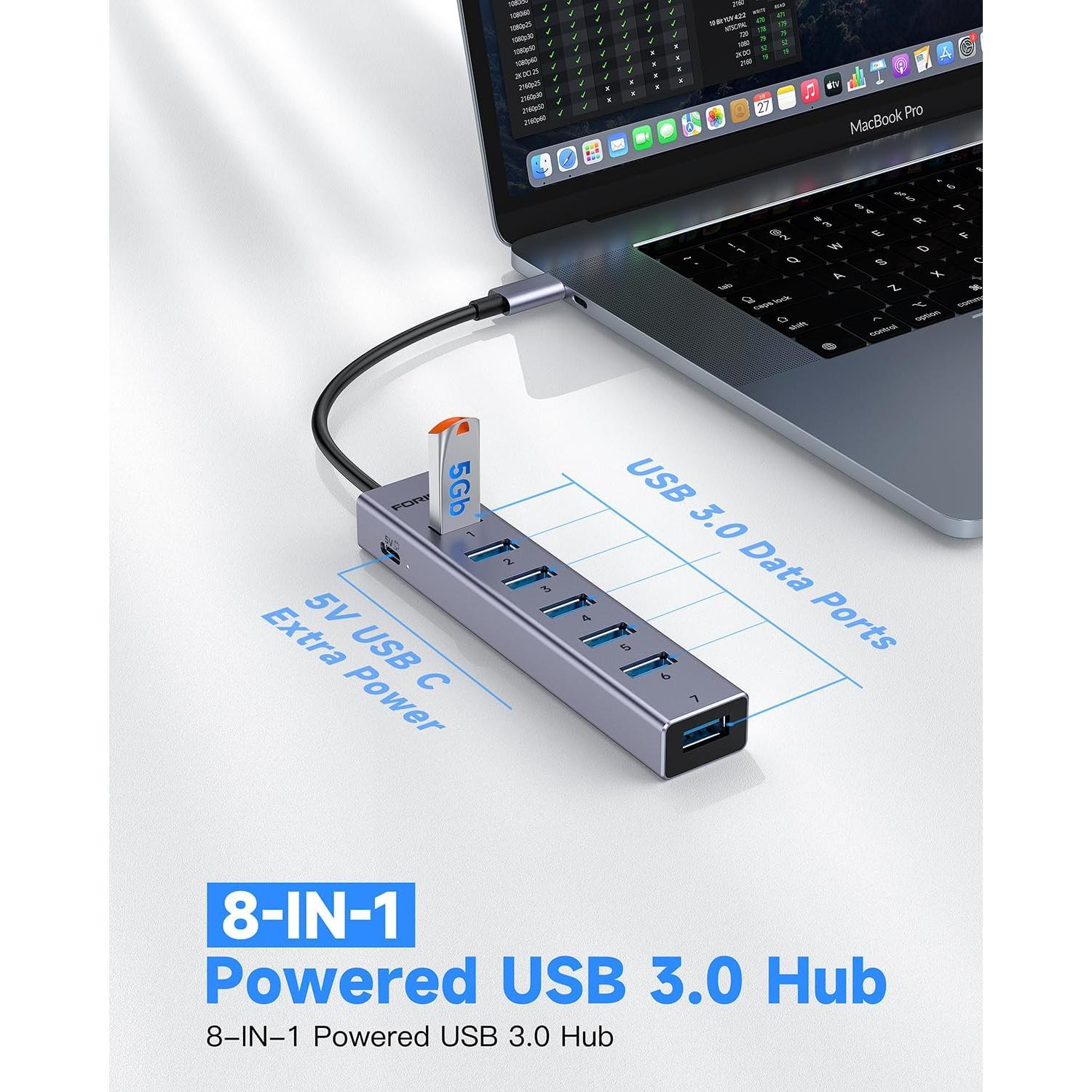 Hub USB C FORIDA 8 Puertos 3.0 con Carga 5V/3A - Aluminio