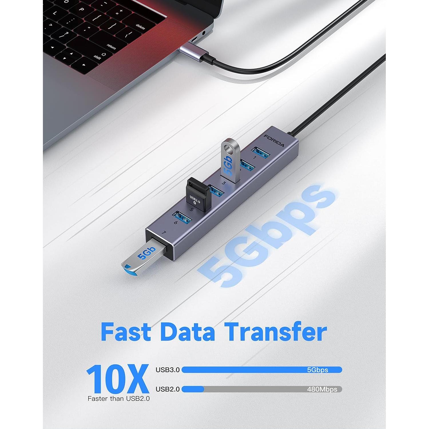 Hub USB C FORIDA 8 Puertos 3.0 con Carga 5V/3A - Aluminio