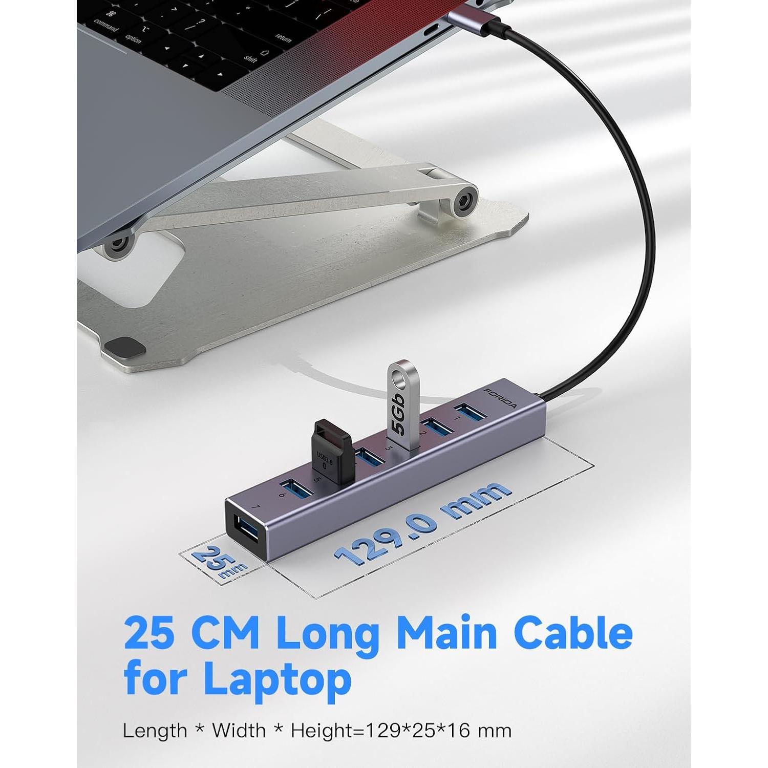 Hub USB C FORIDA 8 Puertos 3.0 con Carga 5V/3A - Aluminio